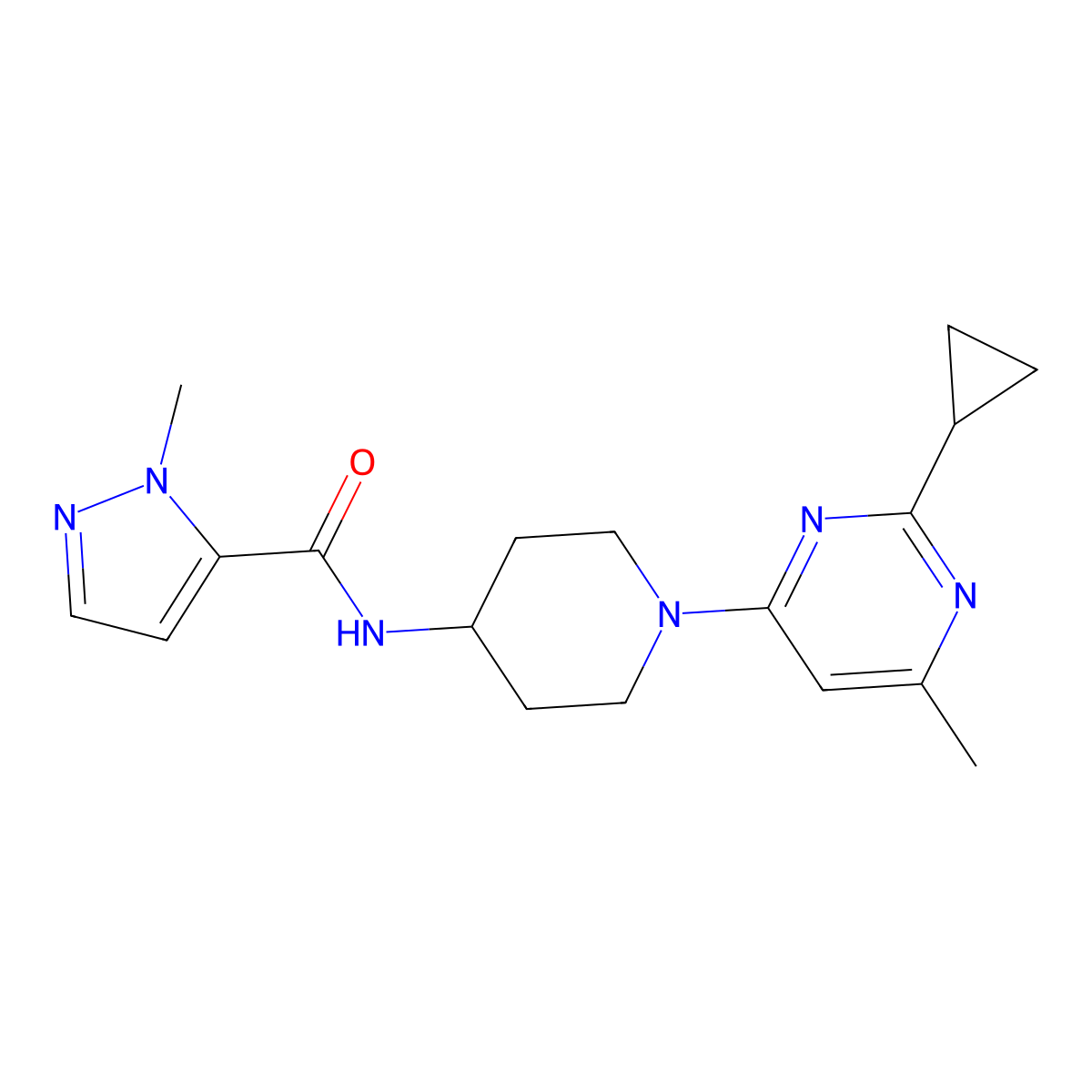 N-[1-(2-cyclopropyl-6-methylpyrimidin-4-yl)piperidin-4-yl]-2-methylpyrazole-3-carboxamide molecular structure, CAS 3066655-91-9