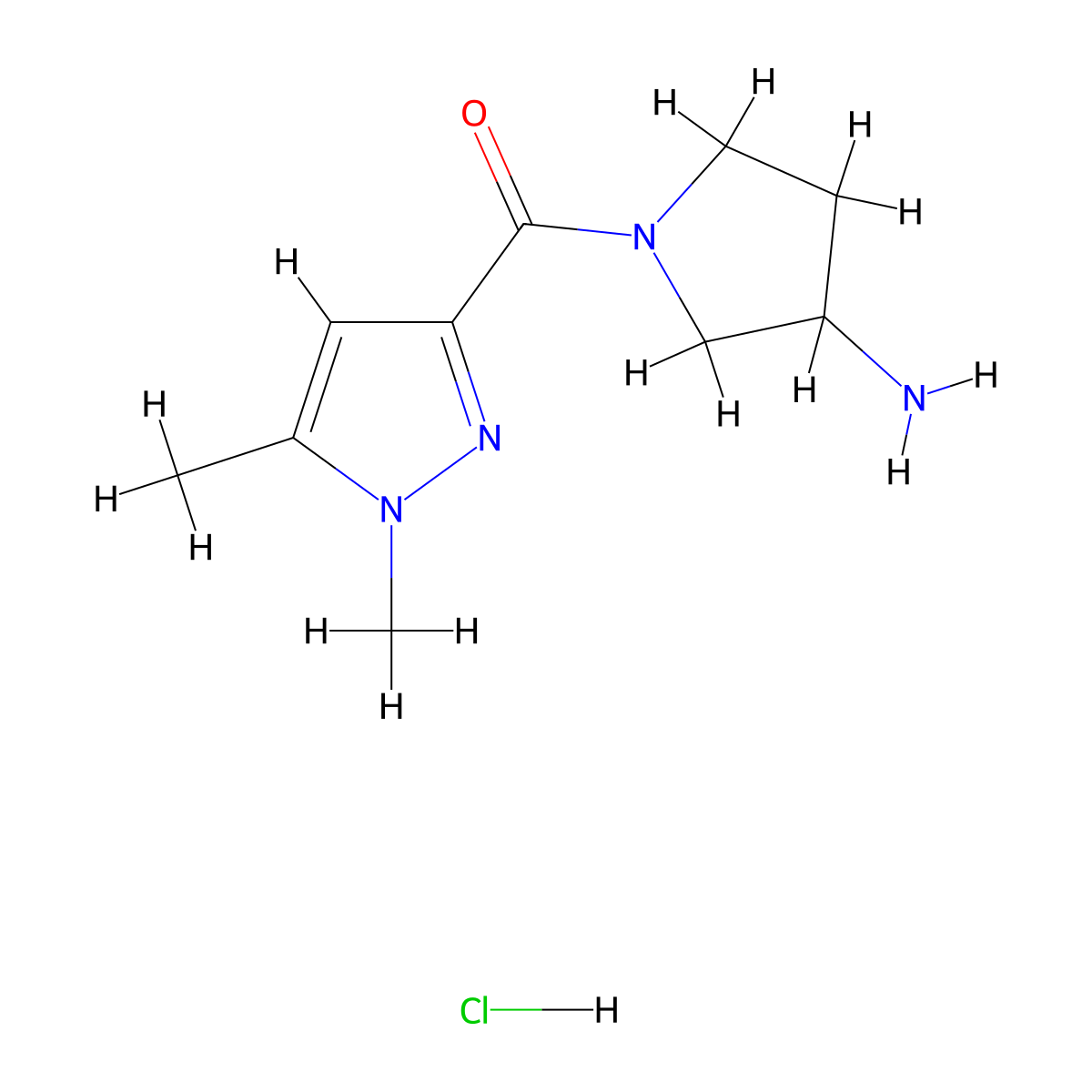 1-(1,5-dimethyl-1H-pyrazole-3-carbonyl)pyrrolidin-3-amine hydrochloride molecular structure, CAS 3066661-28-4