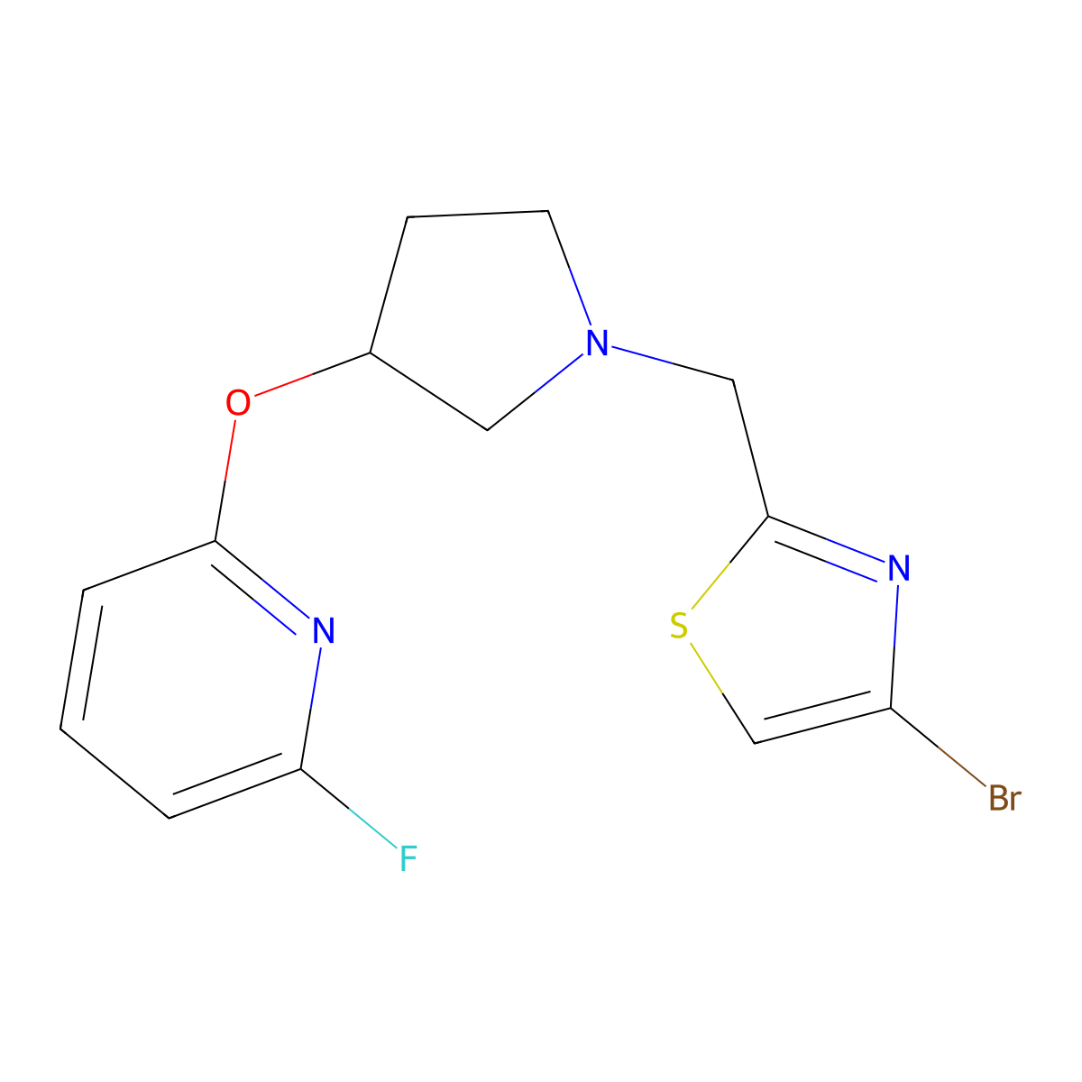 4-Bromo-2-[[3-(6-fluoropyridin-2-yl)oxypyrrolidin-1-yl]methyl]-1,3-thiazole molecular structure, CAS 3066662-66-3
