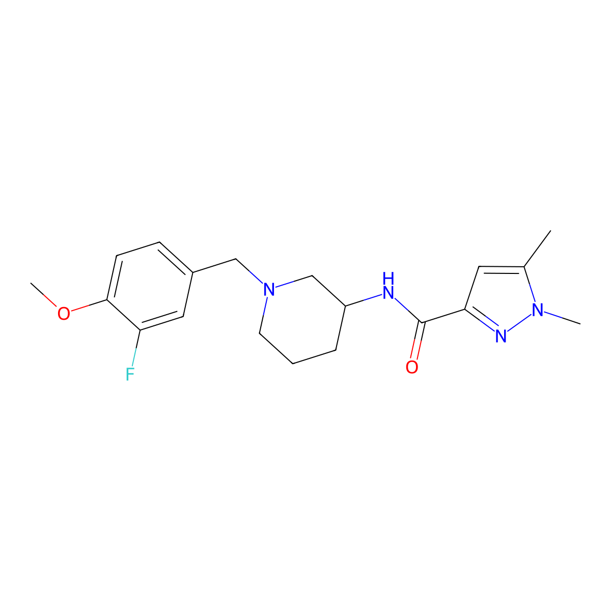 N-[1-[(3-fluoro-4-methoxyphenyl)methyl]piperidin-3-yl]-1,5-dimethylpyrazole-3-carboxamide molecular structure, CAS 3066665-26-4
