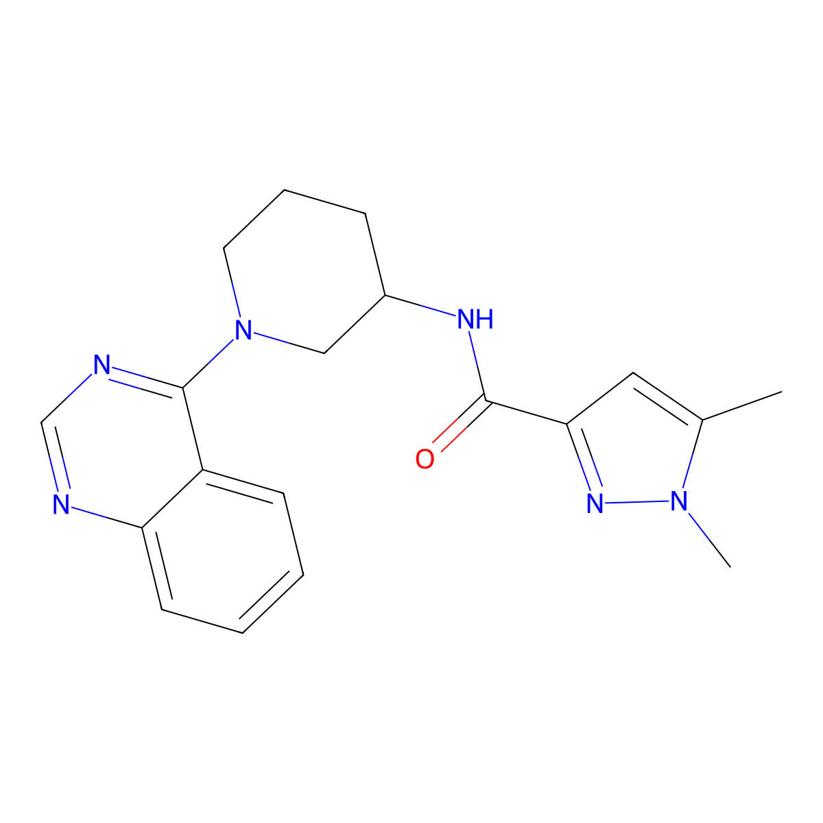 1,5-dimethyl-N-(1-quinazolin-4-ylpiperidin-3-yl)pyrazole-3-carboxamide molecular structure, CAS 3066665-41-3