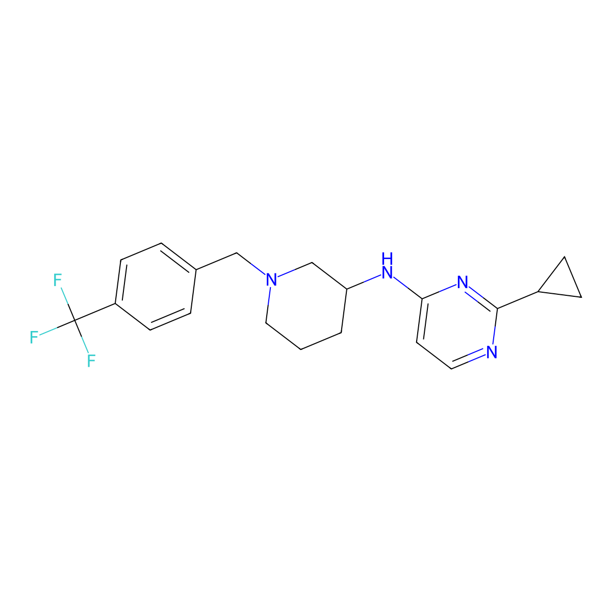2-cyclopropyl-N-[1-[[4-(trifluoromethyl)phenyl]methyl]piperidin-3-yl]pyrmidin-4-amine molecular structure, CAS 3066704-34-2