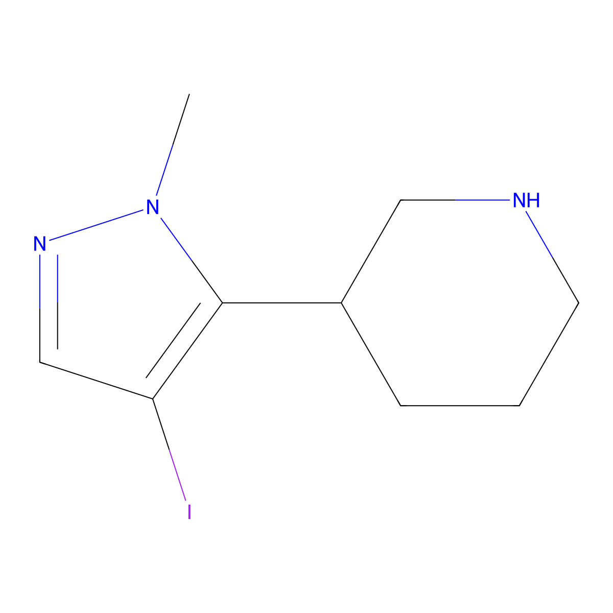 3-(4-iodo-1-methyl-1H-pyrazol-5-yl)piperidine molecular structure, CAS 3066715-35-0