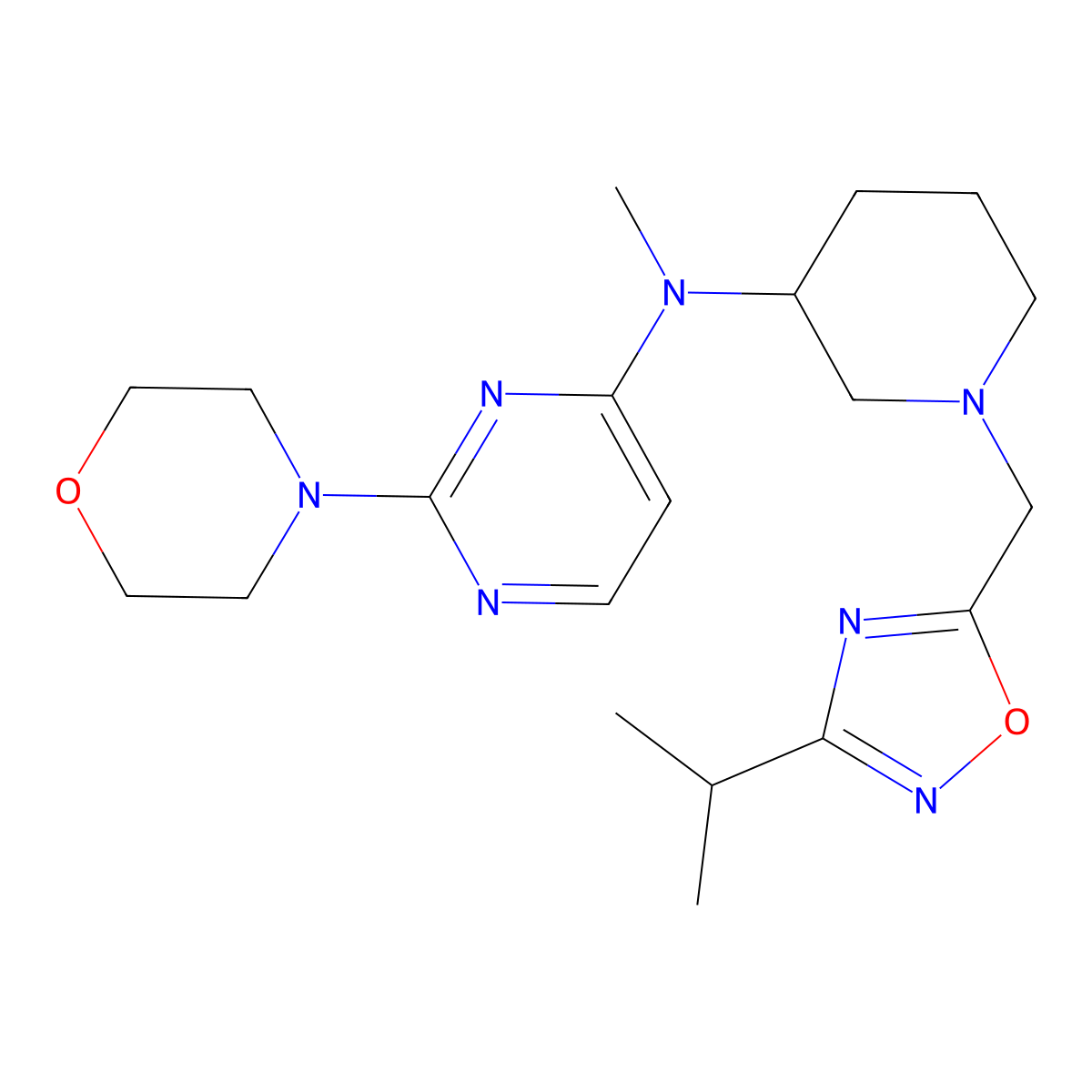 N-methyl-2-morpholin-4-yl-N-[1-[(3-propan-2-yl-1,2,4-oxadiazol-5-yl)methyl]piperidin-3-yl]pyrimidin-4-amine molecular structure, CAS 3066733-62-5
