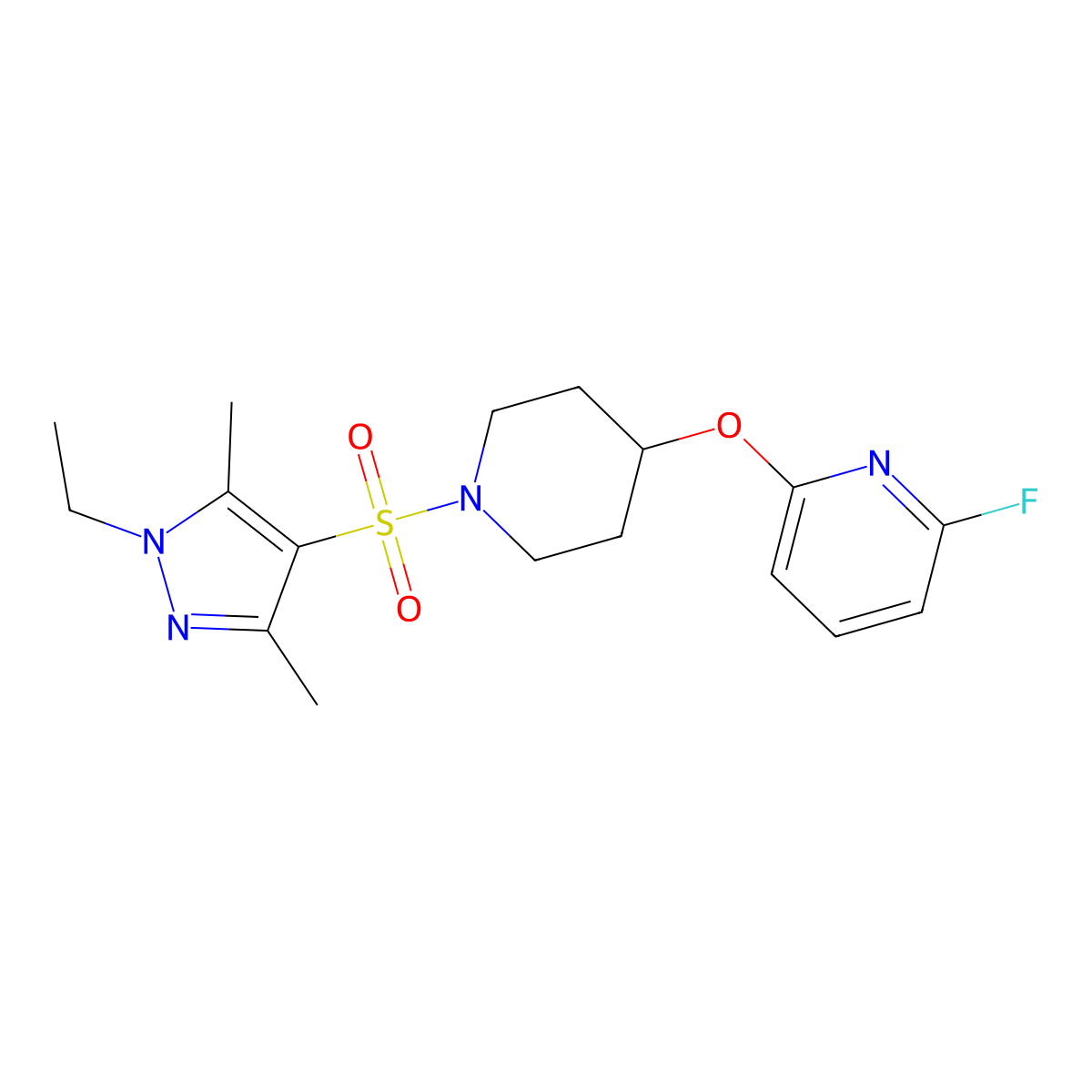 2-[1-(1-Ethyl-3,5-dimethylpyrazol-4-yl)sulfonylpiperidin-4-yl]oxy-6-fluoropyridine molecular structure, CAS 3066740-84-6