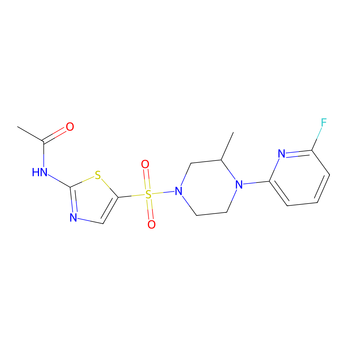 N-(5-{[4-(6-fluoropyridin-2-yl)-3-methylpiperazin-1-yl]sulfonyl}-1,3-thiazol-2-yl)acetamide molecular structure, CAS 3066780-42-2