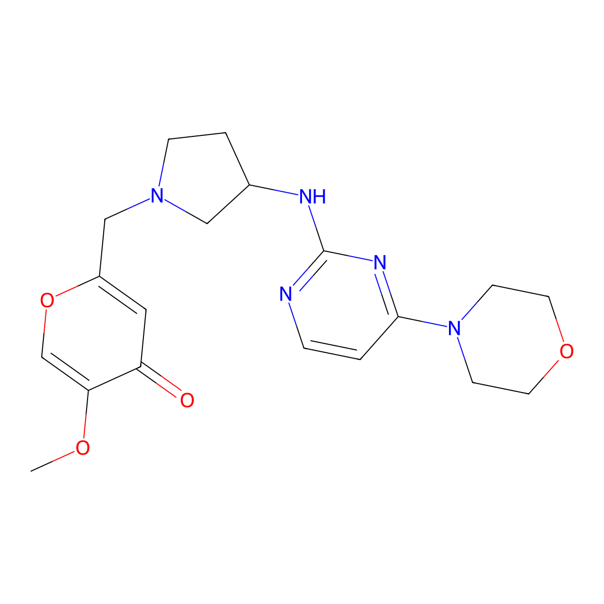 5-Methoxy-2-[[3-[(4-morpholin-4-ylpyrimidin-2-yl)amino]pyrrolidin-1-yl]methyl]pyran-4-one molecular structure, CAS 3066786-56-6