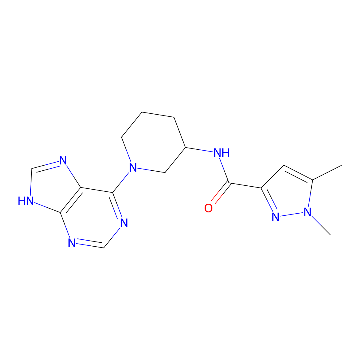 1,5-dimethyl-N-[1-(7H-purin-6-yl)piperidin-3-yl]pyrazole-3-carboxamide molecular structure, CAS 3066835-35-3
