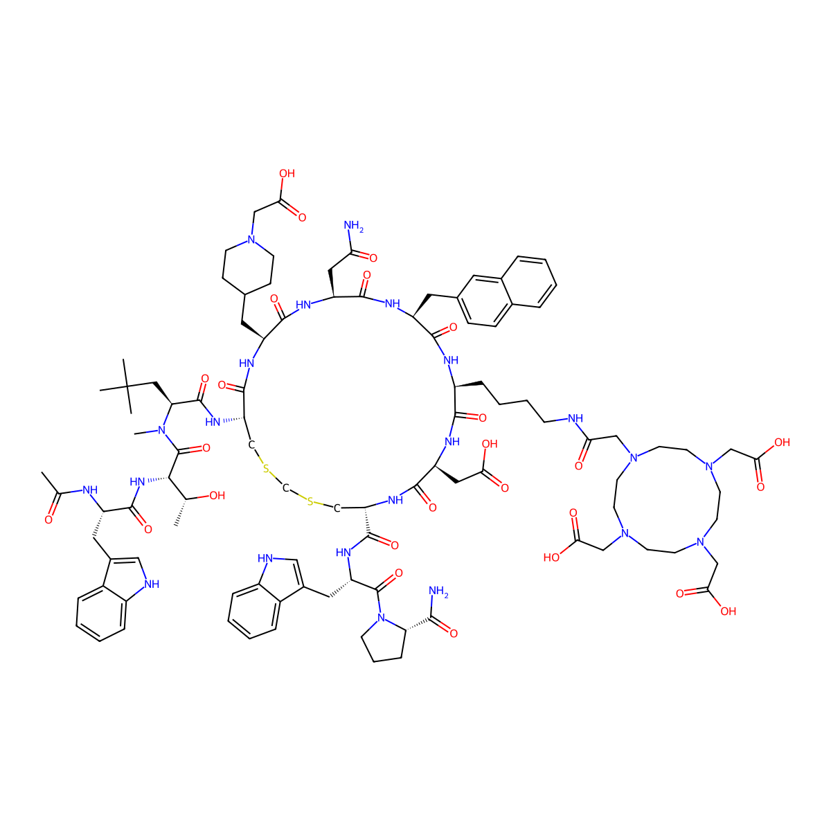 L-Prolinamide, N-acetyl-L-tryptophyl-L-threonyl-N,4-dimethyl-L-leucyl-S-(mercaptomethyl)-L-cysteinyl-3-[1-(carboxymethyl)-4-piperidinyl]-L-alanyl-L-asparaginyl-3-(2-naphthalenyl)-L-alanyl-N6-[2-[4,7,10-tris(carboxymethyl)-1,4,7,10-tetraazacyclododec-1-yl]acetyl]-L-lysyl-L-alpha-aspartyl-L-cysteinyl-L-tryptophyl-, cyclic (4-->10)-thioether molecular structure, CAS 3066864-32-9