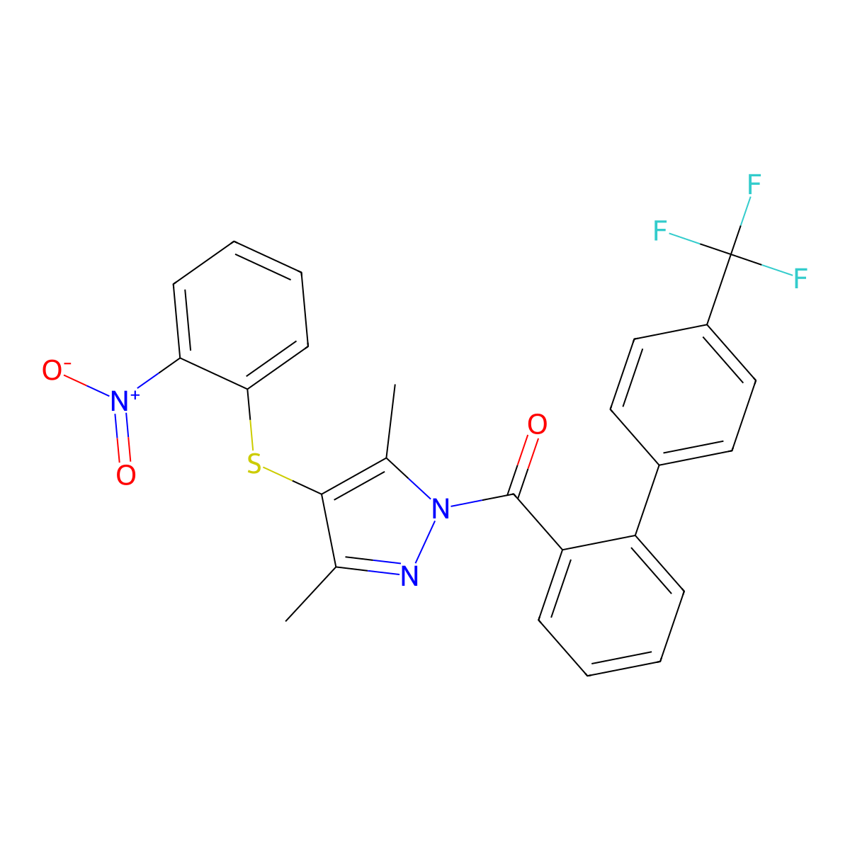 (3,5-dimethyl-4-((2-nitrophenyl)thio)-1H-pyrazol-1-yl)(4'-(trifluoromethyl)-[1,1'-biphenyl]-2-yl)methanone molecular structure, CAS 306736-18-5