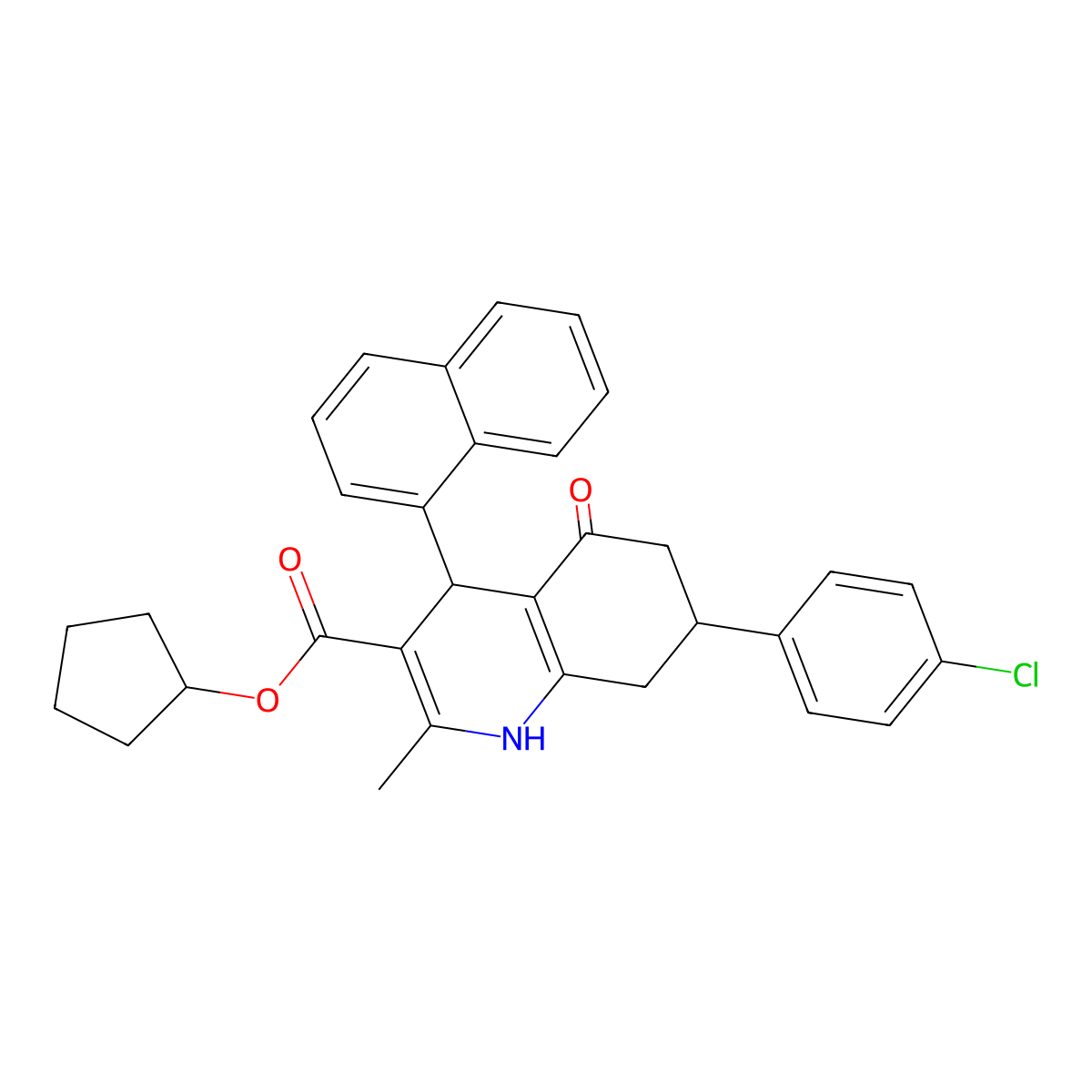 Cyclopentyl 7-(4-chlorophenyl)-2-methyl-4-(1-naphthyl)-5-oxo-1,4,5,6,7,8-hexahydro-3-quinolinecarboxylate molecular structure, CAS 306749-87-1