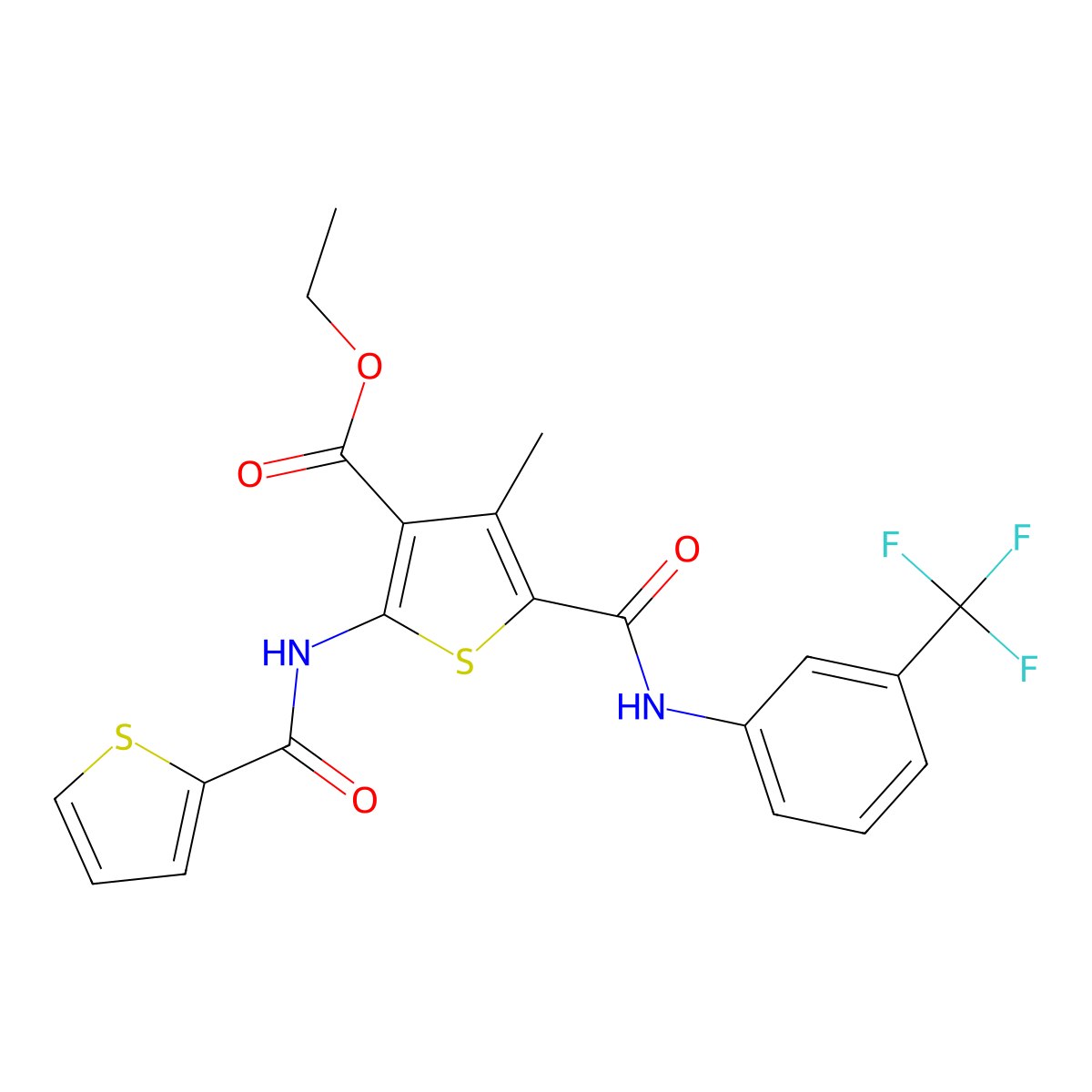 Ethyl 4-methyl-2-(thiophene-2-amido)-5-{[3-(trifluoromethyl)phenyl]carbamoyl}thiophene-3-carboxylate molecular structure, CAS 306750-01-6