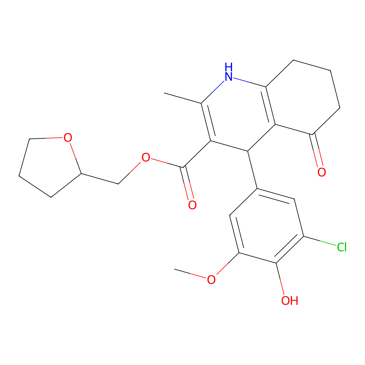 Tetrahydrofuran-2-ylmethyl 4-(3-chloro-4-hydroxy-5-methoxyphenyl)-2-methyl-5-oxo-1,4,5,6,7,8-hexahydroquinoline-3-carboxylate molecular structure, CAS 306750-18-5