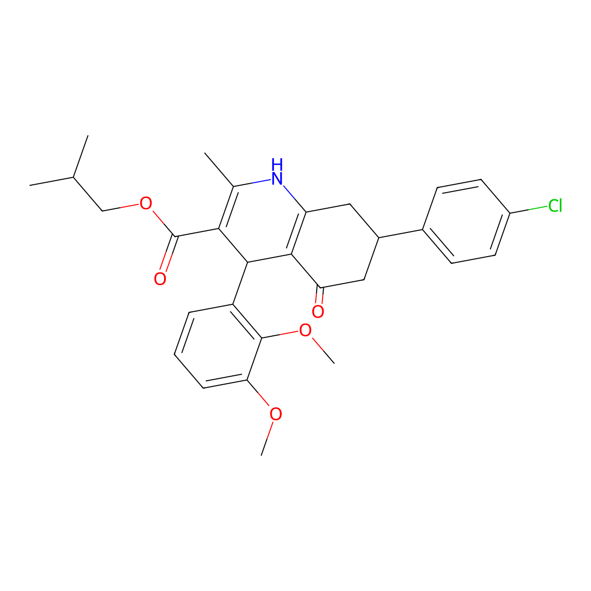 Isobutyl 7-(4-chlorophenyl)-4-(2,3-dimethoxyphenyl)-2-methyl-5-oxo-1,4,5,6,7,8-hexahydro-3-quinolinecarboxylate molecular structure, CAS 306751-22-4