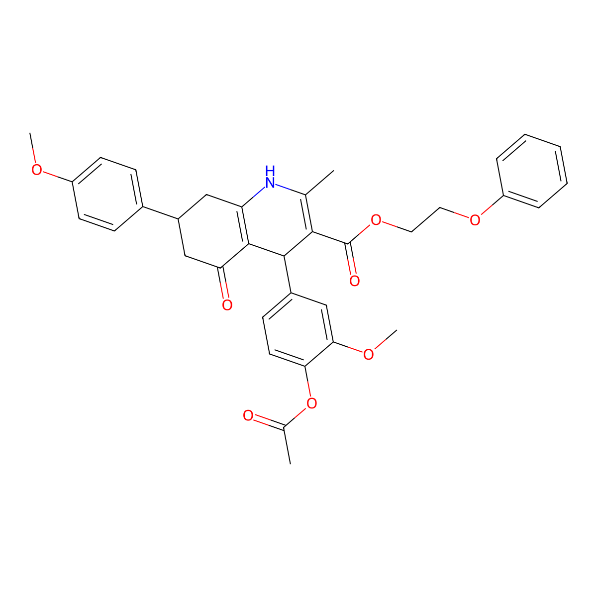 2-Phenoxyethyl 4-[4-(acetyloxy)-3-methoxyphenyl]-7-(4-methoxyphenyl)-2-methyl-5-oxo-1,4,5,6,7,8-hexahydroquinoline-3-carboxylate molecular structure, CAS 306753-02-6
