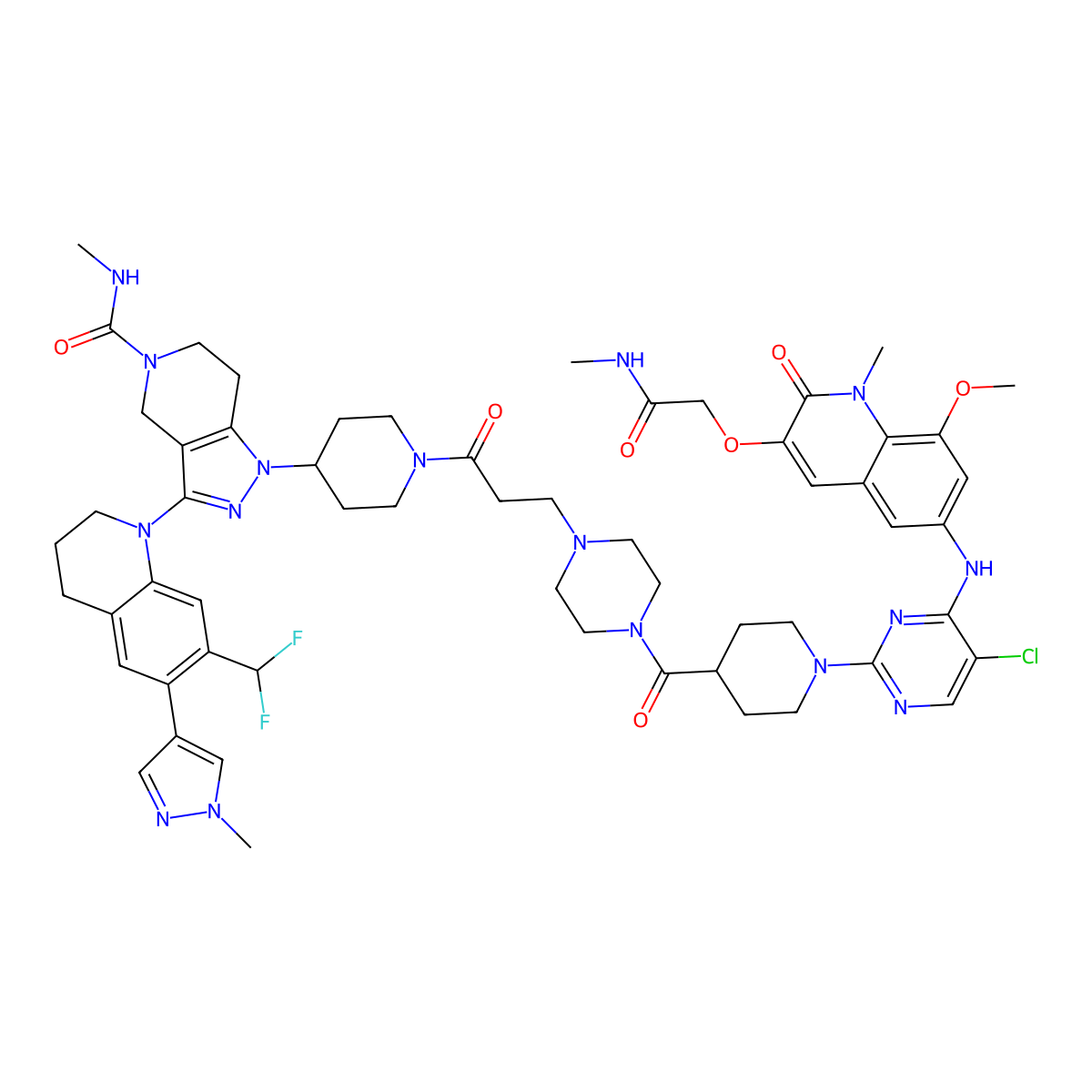 1-[1-[3-[4-[1-[5-chloro-4-[[8-methoxy-1-methyl-3-[2-(methylamino)-2-oxoethoxy]-2-oxoquinolin-6-yl]amino]pyrimidin-2-yl]piperidine-4-carbonyl]piperazin-1-yl]propanoyl]piperidin-4-yl]-3-[7-(difluoromethyl)-6-(1-methylpyrazol-4-yl)-3,4-dihydro-2H-quinolin-1-yl]-N-methyl-6,7-dihydro-4H-pyrazolo[4,3-c]pyridine-5-carboxamide molecular structure, CAS 3067681-36-8