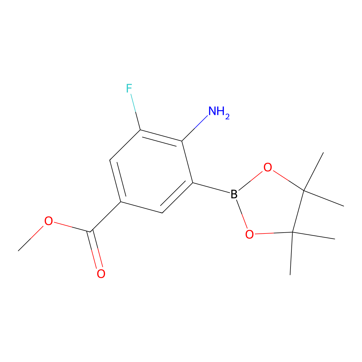 Methyl 4-amino-3-fluoro-5-(4,4,5,5-tetramethyl-1,3,2-dioxaborolan-2-yl)benzoate molecular structure, CAS 3068381-44-9