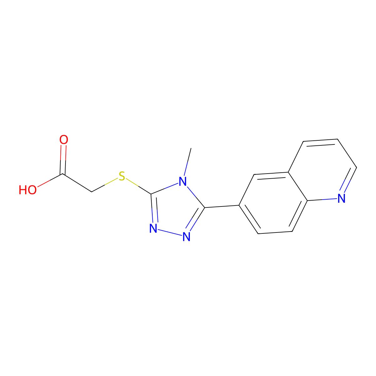 Acetic acid, 2-((4-methyl-5-(6-quinolinyl)-4H-1,2,4-triazol-3-yl)thio)- molecular structure, CAS 306935-49-9