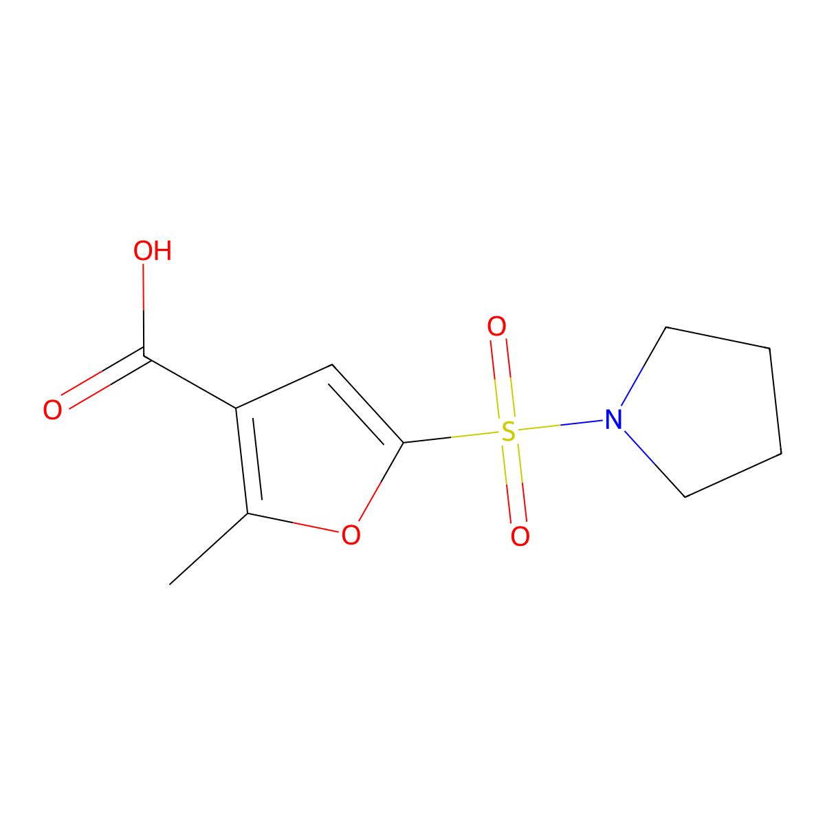 2-Methyl-5-(pyrrolidin-1-ylsulfonyl)furan-3-carboxylic acid molecular structure, CAS 306936-43-6