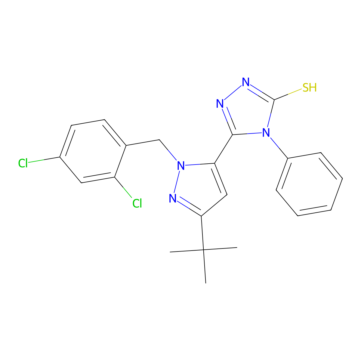 3-[5-tert-butyl-2-[(2,4-dichlorophenyl)methyl]pyrazol-3-yl]-4-phenyl-1H-1,2,4-triazole-5-thione molecular structure, CAS 306937-09-7