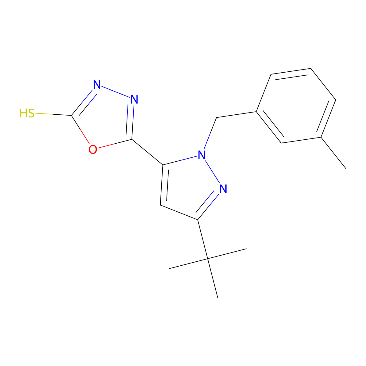 5-[3-(tert-butyl)-1-(3-methylbenzyl)-1H-pyrazol-5-yl]-1,3,4-oxadiazole-2-thiol molecular structure, CAS 306937-16-6
