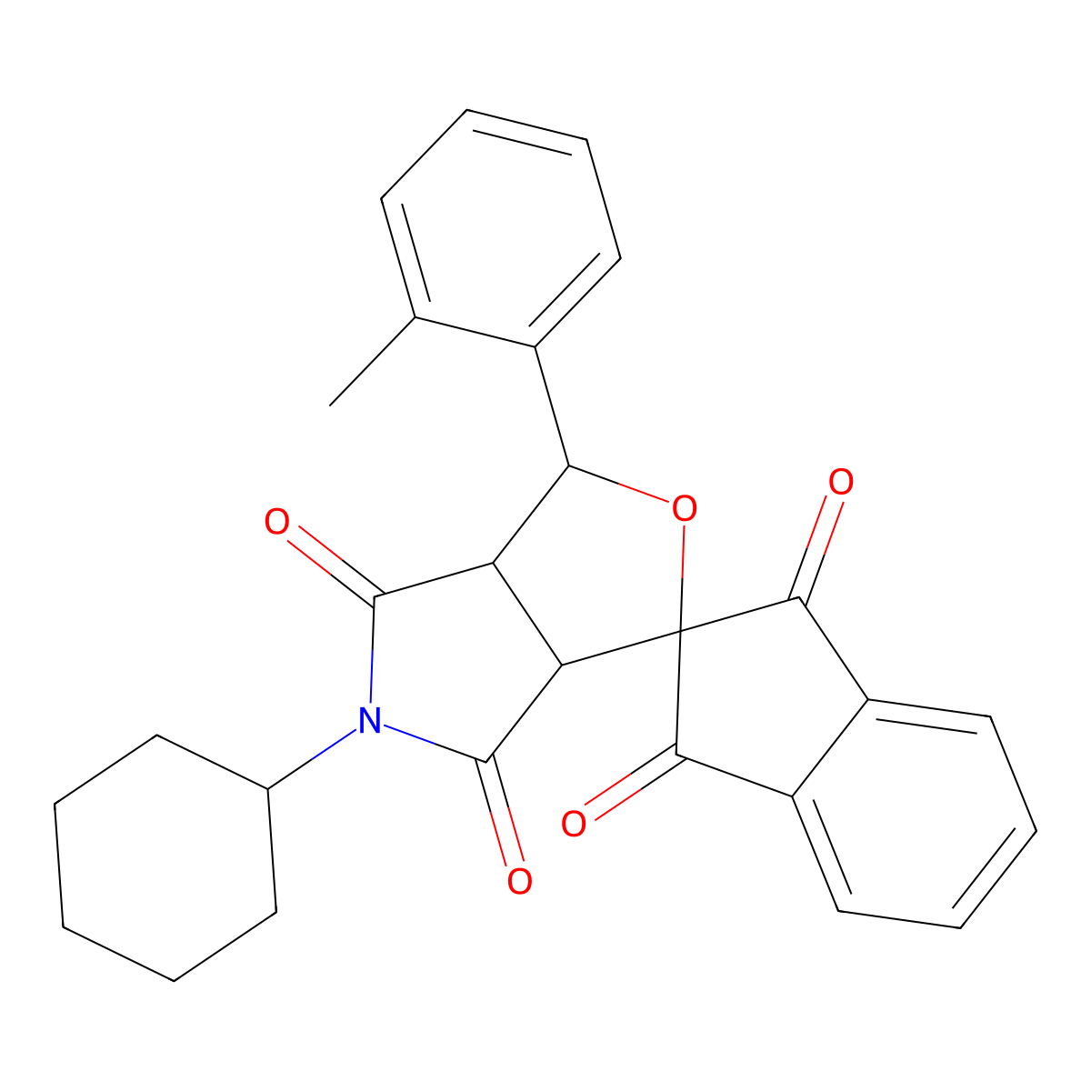 5-cyclohexyl-1-(2-methylphenyl)spiro[3a,6a-dihydro-1H-furo[3,4-c]pyrrole-3,2'-indene]-1',3',4,6-tetrone molecular structure, CAS 306947-29-5