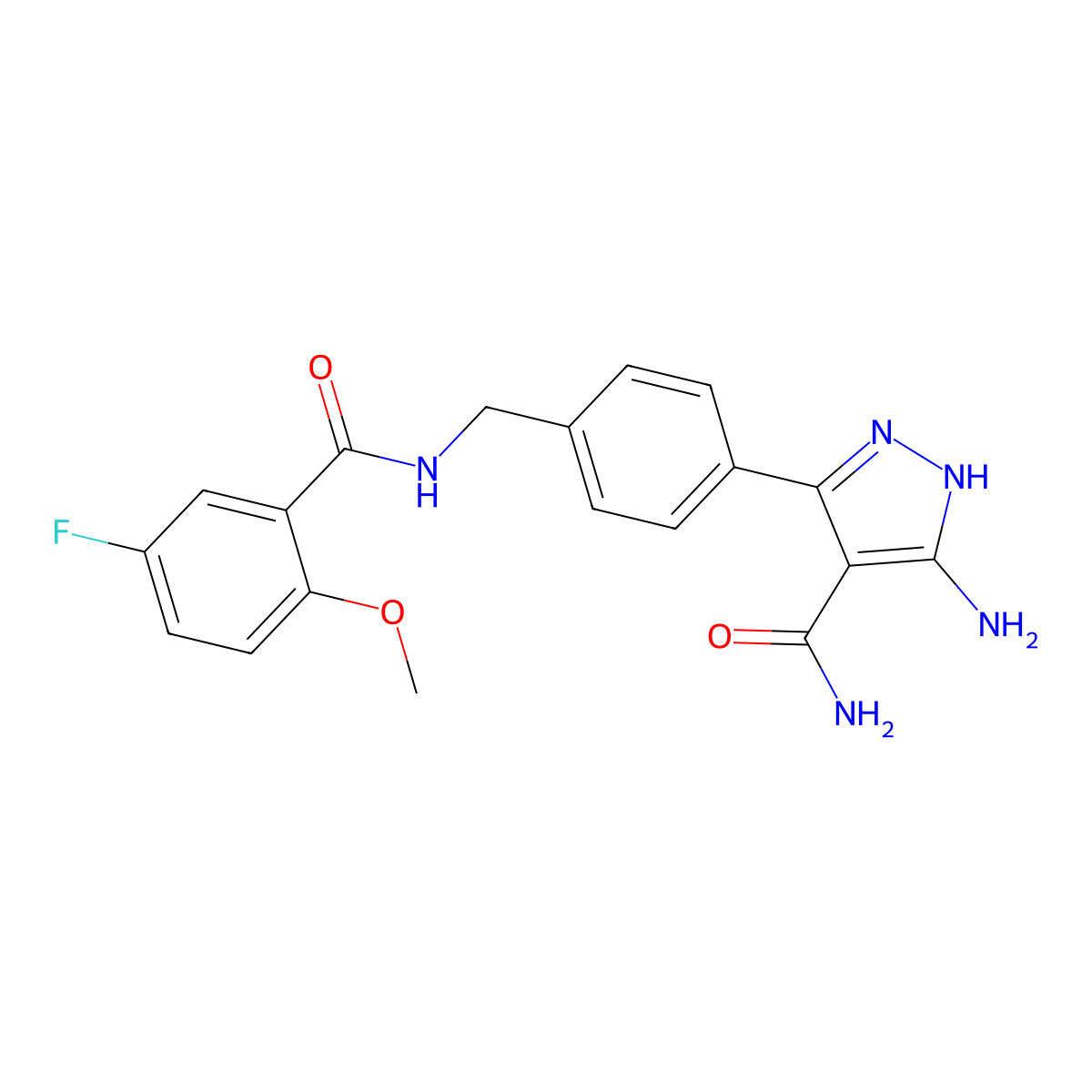 5-amino-3-(4-((5-fluoro-2-methoxybenzamido)methyl)phenyl)-1H-pyrazole-4-carboxamide molecular structure, CAS 3069540-50-4