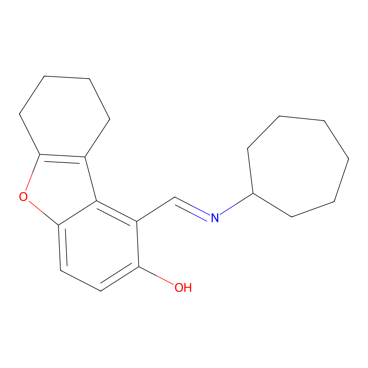 (E)-1-((cycloheptylimino)methyl)-6,7,8,9-tetrahydrodibenzo[b,d]furan-2-ol molecular structure, CAS 306956-36-5