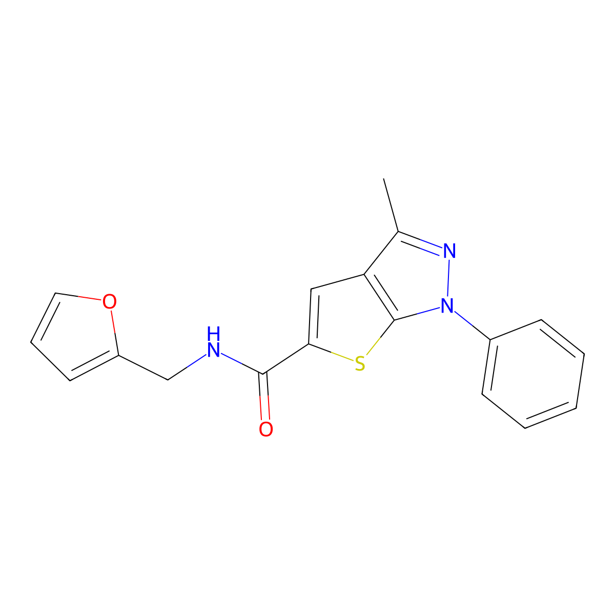 N-(furan-2-ylmethyl)-3-methyl-1-phenyl-1H-thieno[2,3-c]pyrazole-5-carboxamide molecular structure, CAS 306958-62-3