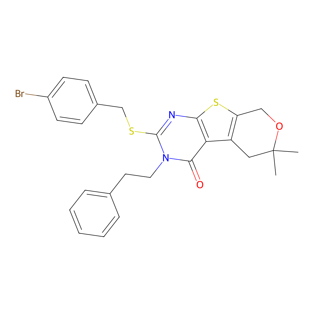 2-[(4-bromobenzyl)sulfanyl]-6,6-dimethyl-3-(2-phenylethyl)-3,5,6,8-tetrahydro-4H-pyrano[4',3':4,5]thieno[2,3-d]pyrimidin-4-one molecular structure, CAS 306966-15-4