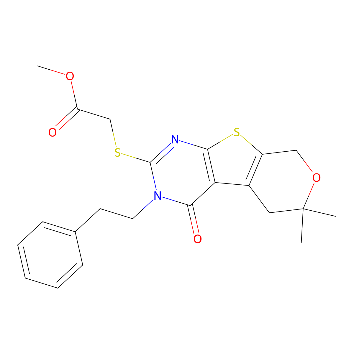 Methyl 2-[[6,6-dimethyl-4-oxo-3-(2-phenylethyl)-5,8-dihydropyrano[2,3]thieno[2,4-b]pyrimidin-2-yl]sulfanyl]acetate molecular structure, CAS 306966-20-1