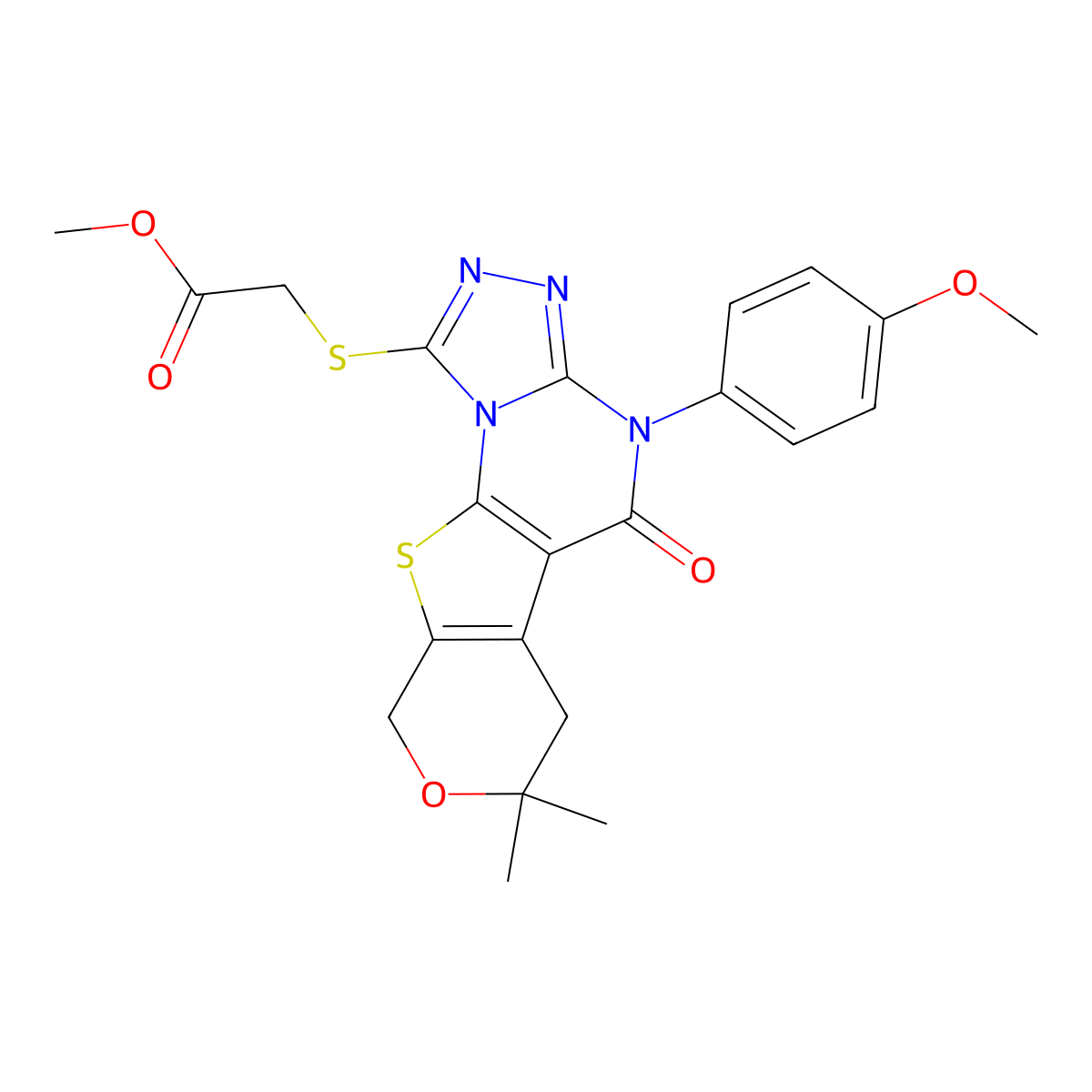 methyl 2-((4-(4-methoxyphenyl)-7,7-dimethyl-5-oxo-5,6,7,9-tetrahydro-4H-pyrano[4',3':4,5]thieno[3,2-e][1,2,4]triazolo[4,3-a]pyrimidin-1-yl)thio)acetate molecular structure, CAS 306966-84-7