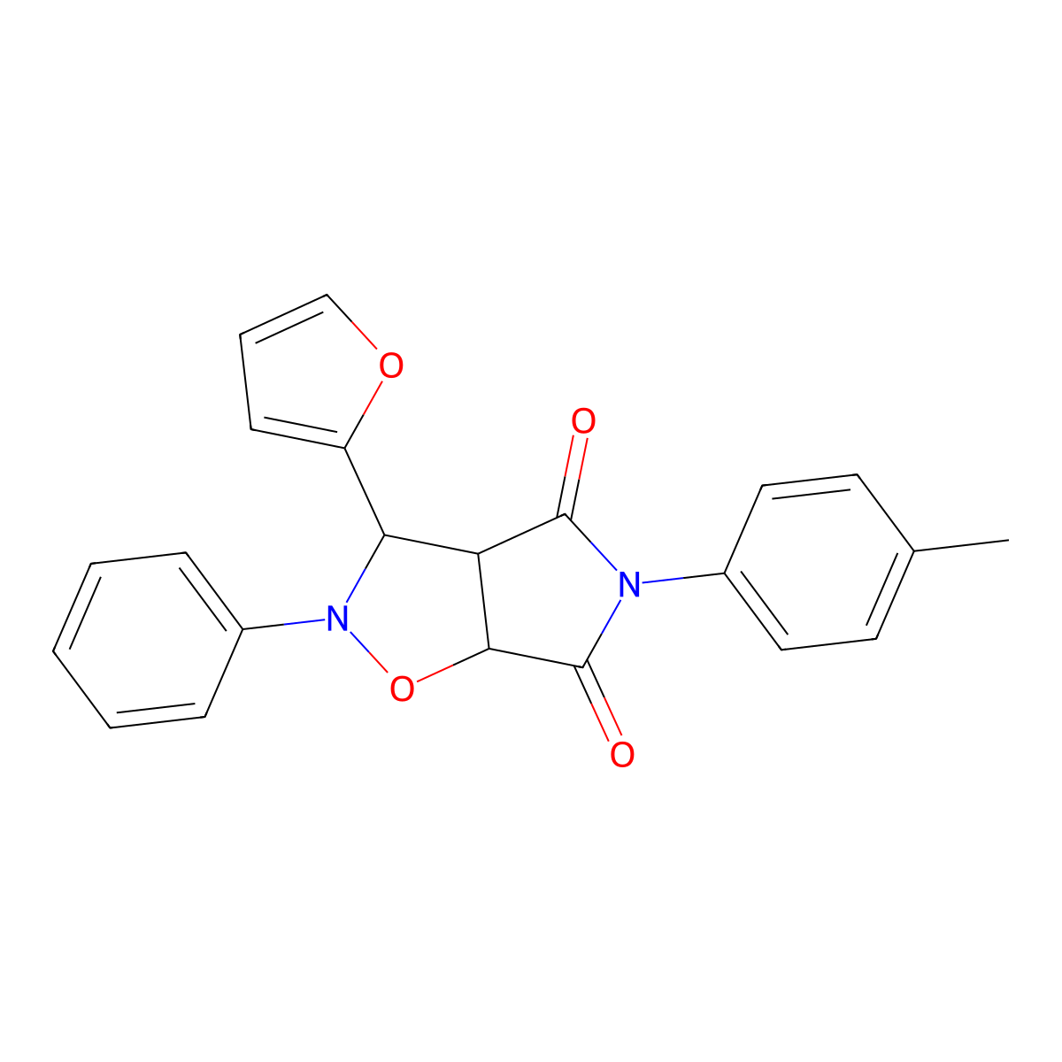 3-(furan-2-yl)-5-(4-methylphenyl)-2-phenyl-hexahydro-2H-pyrrolo[3,4-d][1,2]oxazole-4,6-dione molecular structure, CAS 306969-53-9