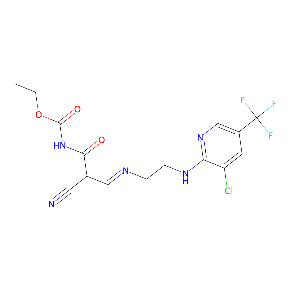 ethyl N-{3-[(2-{[3-chloro-5-(trifluoromethyl)-2-pyridinyl]amino}ethyl)imino]-2-cyanopropanoyl}carbamate molecular structure, CAS 306977-21-9