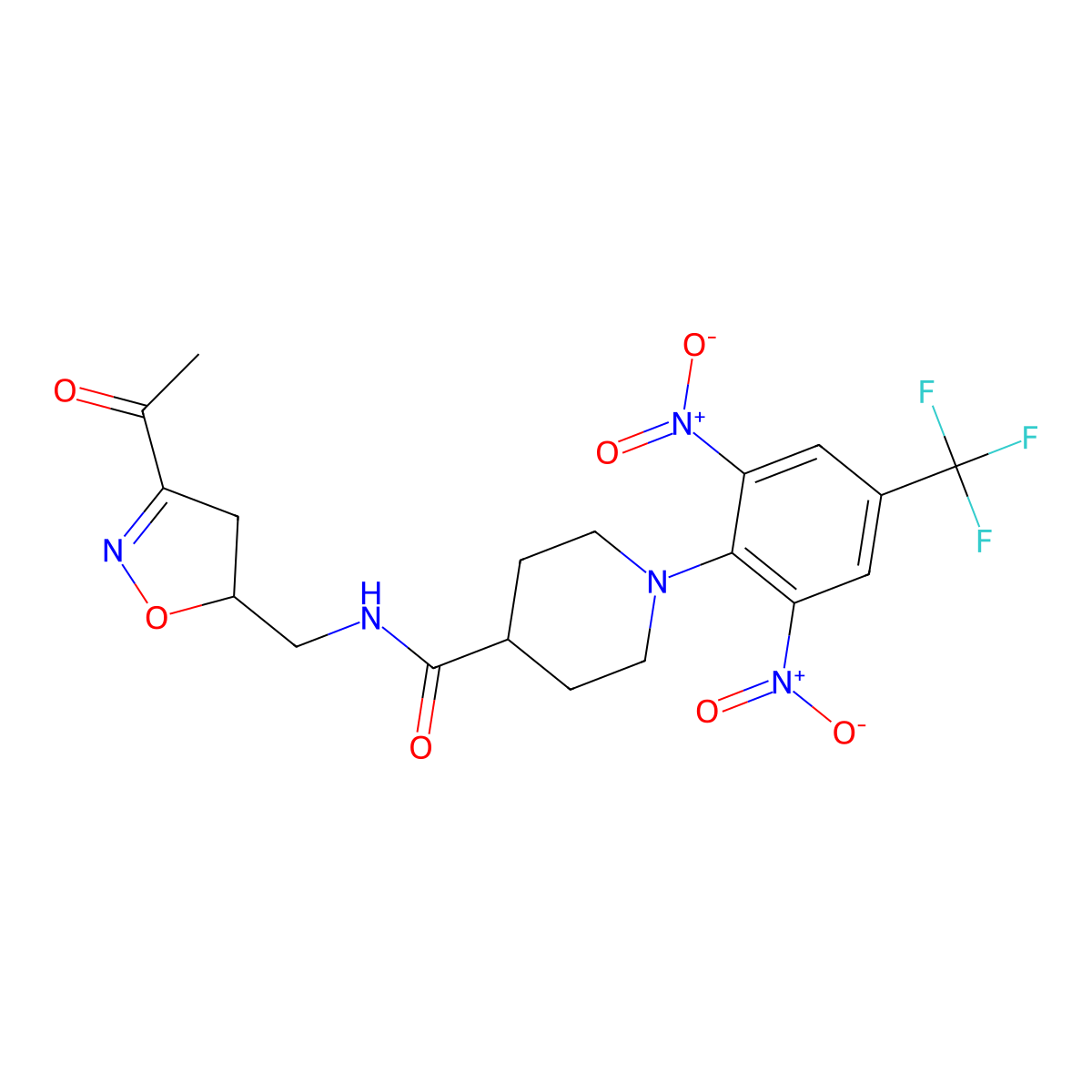 N-[(3-acetyl-4,5-dihydro-1,2-oxazol-5-yl)methyl]-1-[2,6-dinitro-4-(trifluoromethyl)phenyl]piperidine-4-carboxamide molecular structure, CAS 306978-00-7