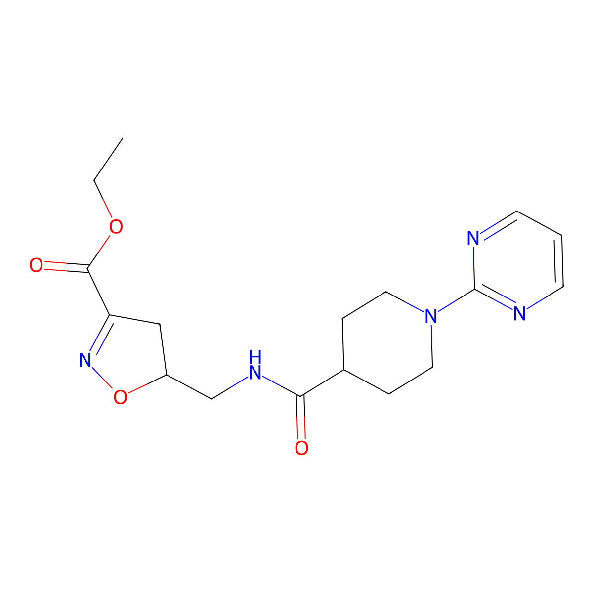 Ethyl 5-[({[1-(2-pyrimidinyl)-4-piperidinyl]carbonyl}amino)methyl]-4,5-dihydro-3-isoxazolecarboxylate molecular structure, CAS 306978-06-3