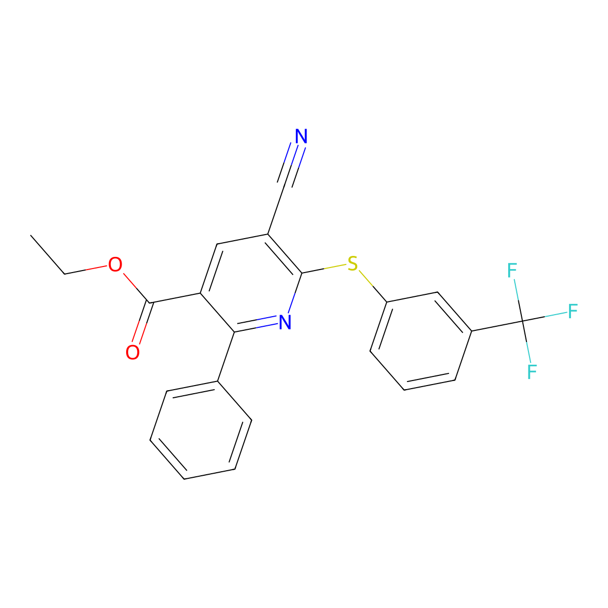 Ethyl 5-cyano-2-phenyl-6-((3-(trifluoromethyl)phenyl)sulfanyl)nicotinate molecular structure, CAS 306980-03-0
