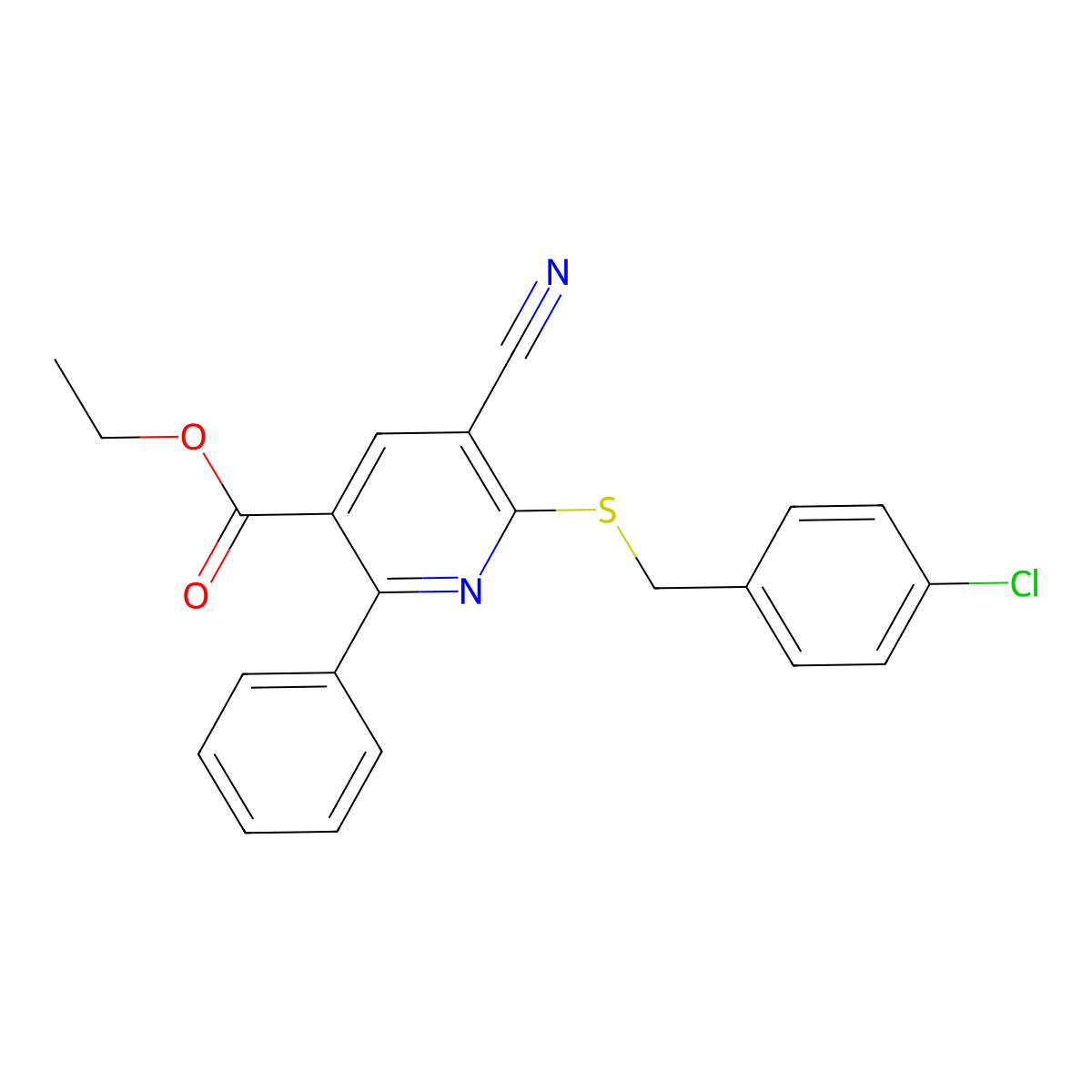 Ethyl 6-((4-chlorobenzyl)sulfanyl)-5-cyano-2-phenylnicotinate molecular structure, CAS 306980-04-1