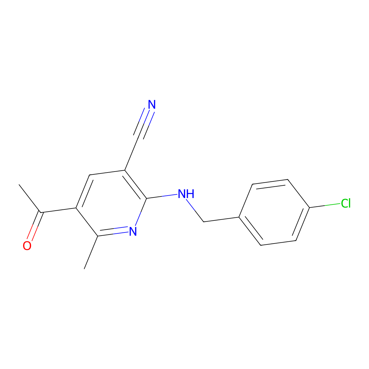 5-Acetyl-2-((4-chlorobenzyl)amino)-6-methylnicotinonitrile molecular structure, CAS 306980-05-2