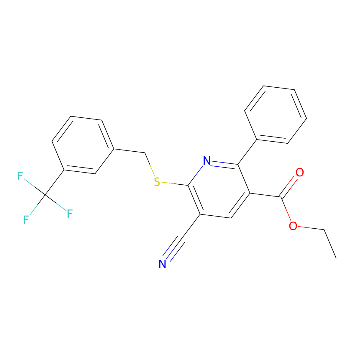 Ethyl 5-cyano-2-phenyl-6-((3-(trifluoromethyl)benzyl)sulfanyl)nicotinate molecular structure, CAS 306980-09-6
