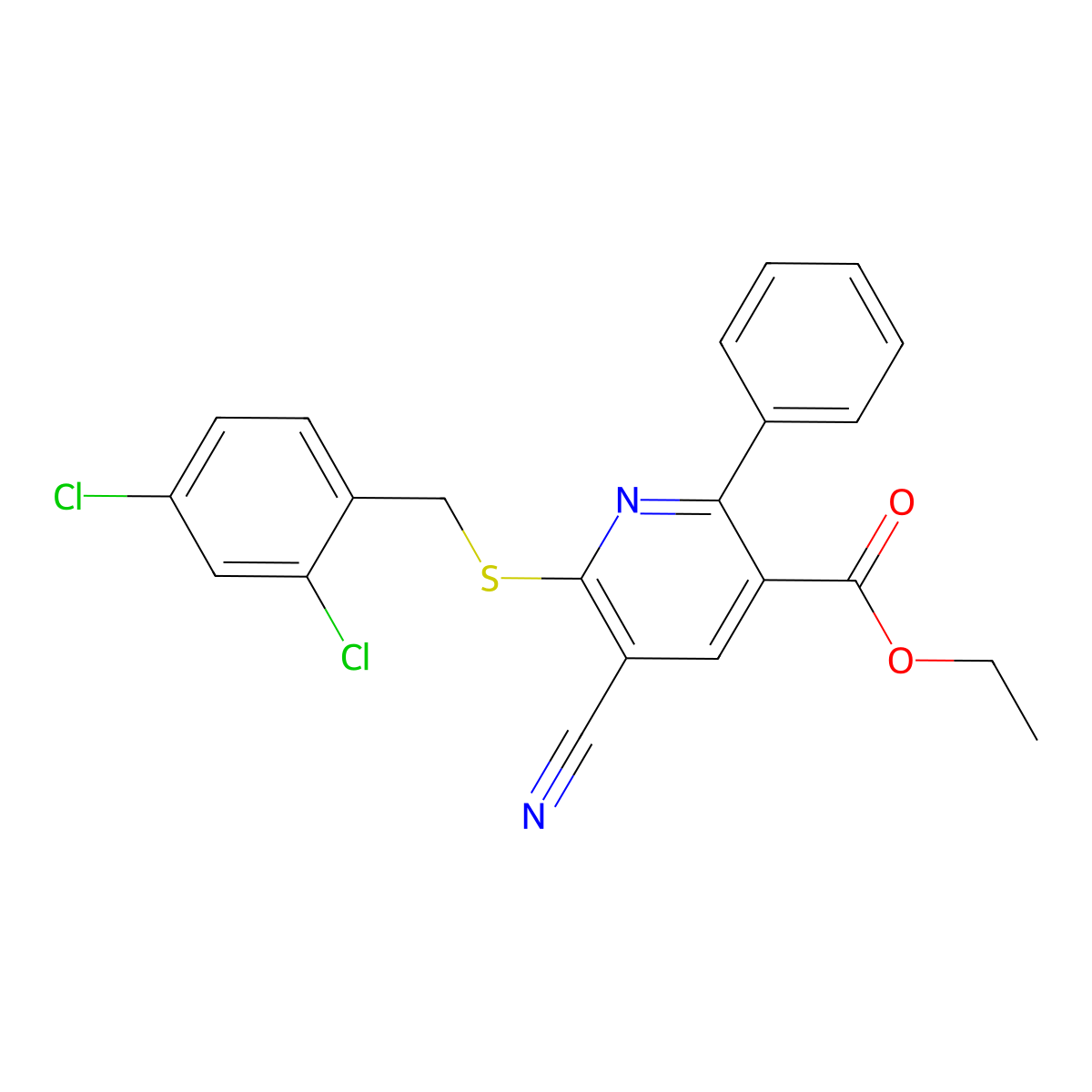 Ethyl 5-cyano-6-((2,4-dichlorobenzyl)sulfanyl)-2-phenylnicotinate molecular structure, CAS 306980-11-0