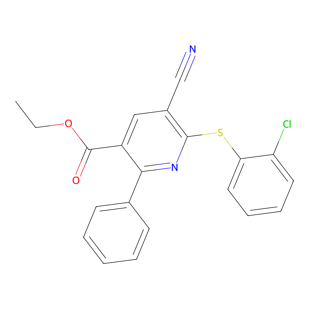 Ethyl 6-((2-chlorophenyl)sulfanyl)-5-cyano-2-phenylnicotinate molecular structure, CAS 306980-12-1