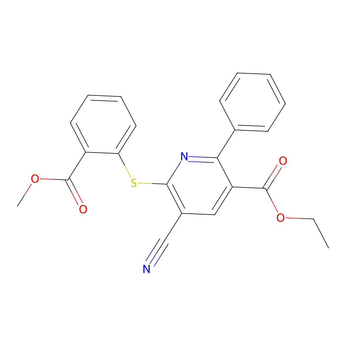 Ethyl 5-cyano-6-((2-(methoxycarbonyl)phenyl)sulfanyl)-2-phenylnicotinate molecular structure, CAS 306980-26-7