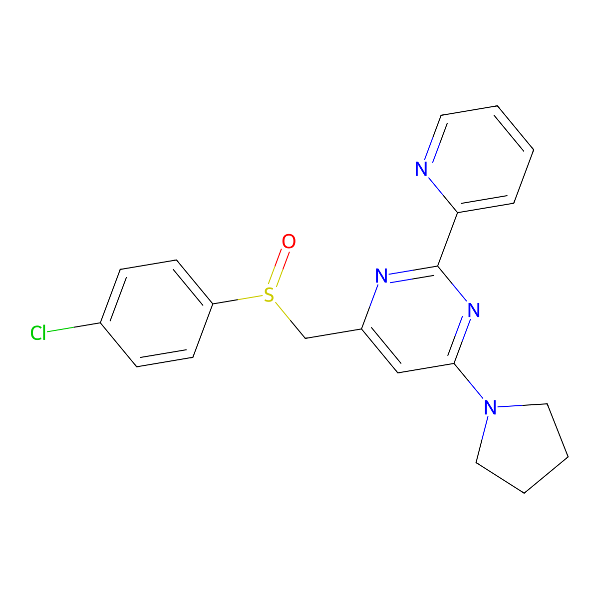 4-Chlorophenyl [2-(2-pyridinyl)-6-(1-pyrrolidinyl)-4-pyrimidinyl]methyl sulfoxide molecular structure, CAS 306980-36-9