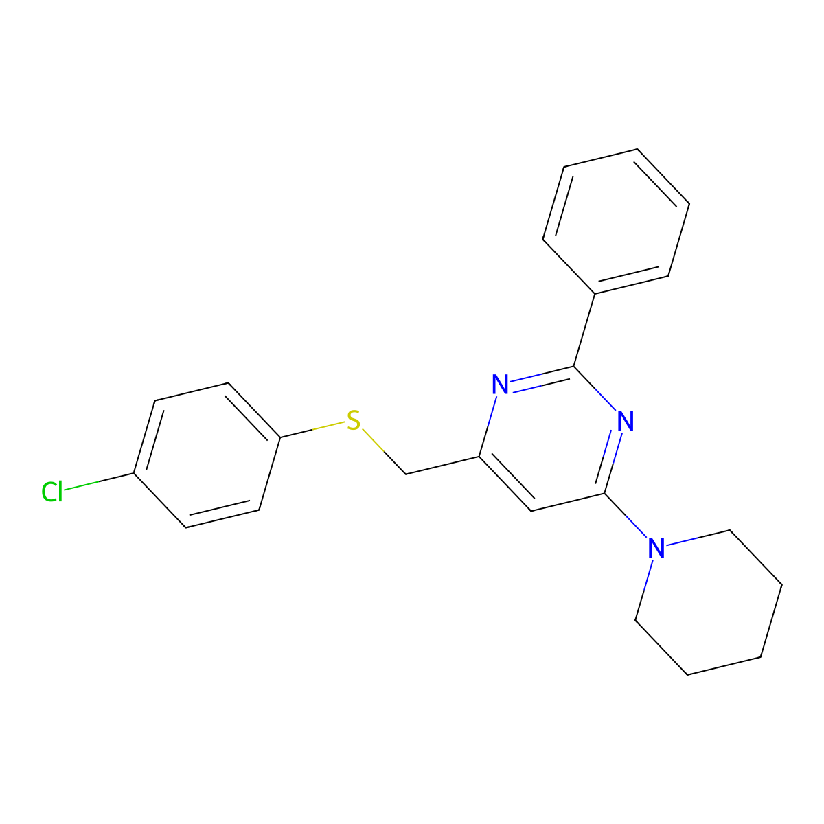 4-Chlorophenyl (2-phenyl-6-piperidino-4-pyrimidinyl)methyl sulfide molecular structure, CAS 306980-41-6