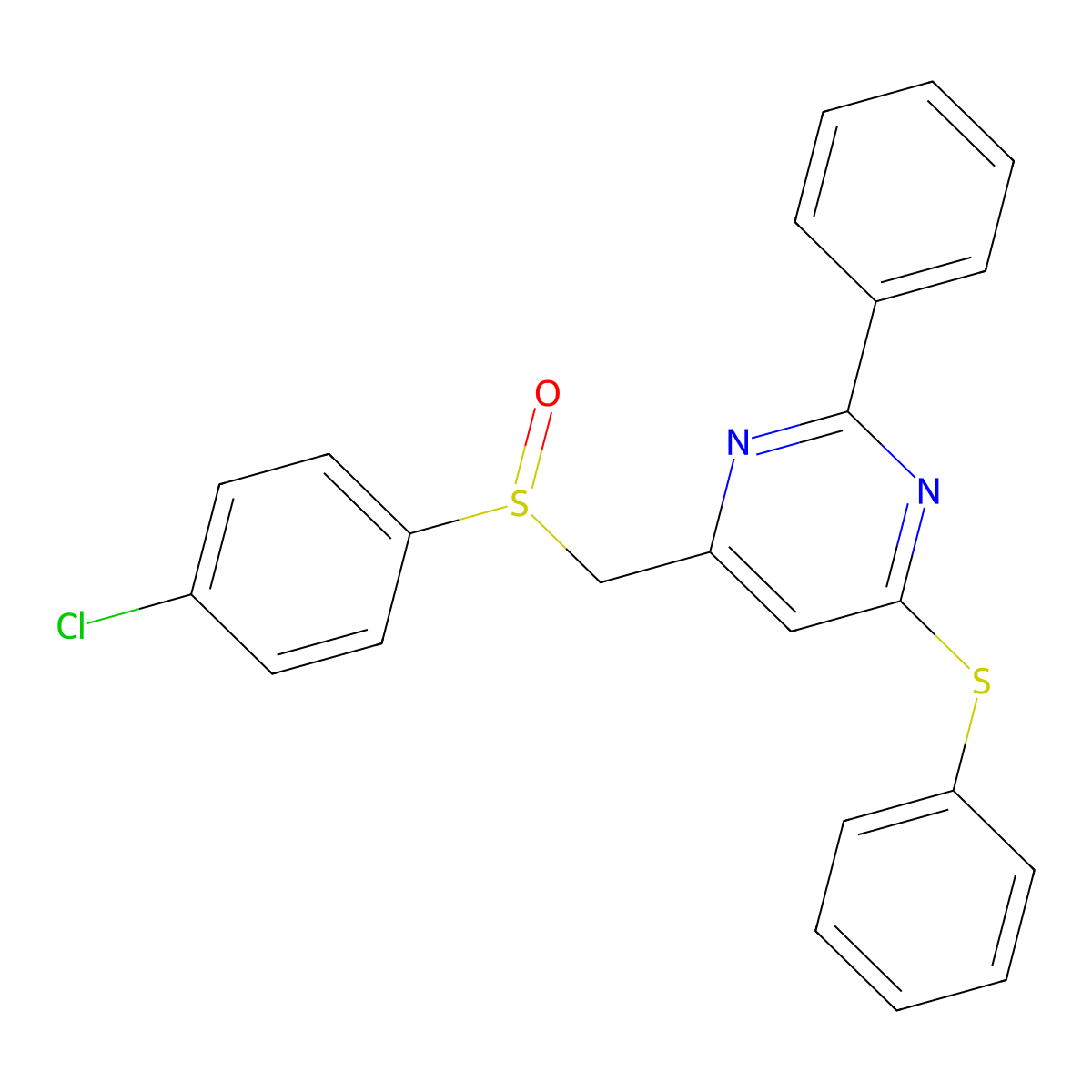 4-Chlorophenyl [2-phenyl-6-(phenylsulfanyl)-4-pyrimidinyl]methyl sulfoxide molecular structure, CAS 306980-55-2