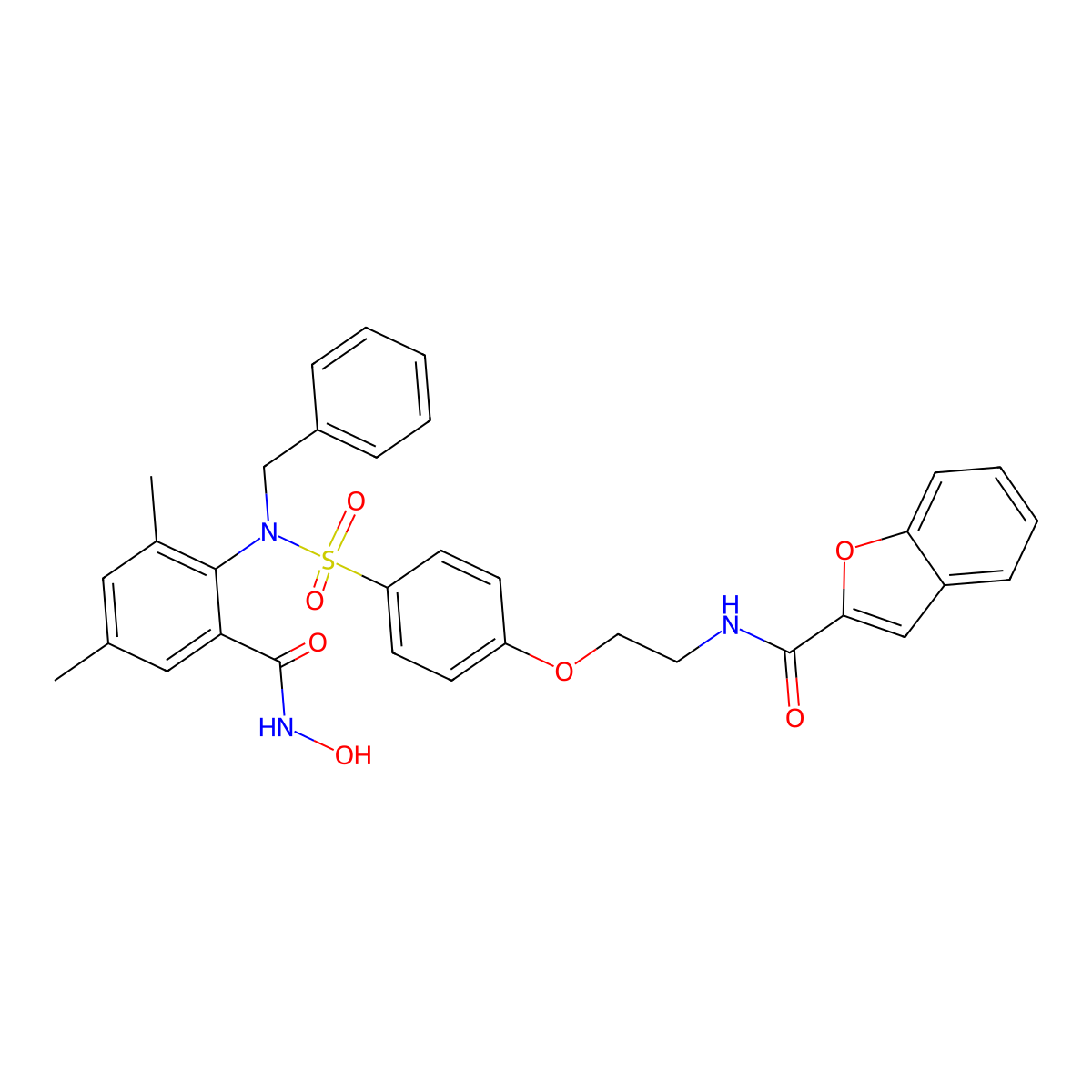 N-[2-[4-[[[2-[(Hydroxyamino)carbonyl]-4,6-dimethylphenyl](phenylmethyl)amino]sulfonyl]phenoxy]ethyl]-2-benzofurancarboxamide molecular structure, CAS 307002-73-9