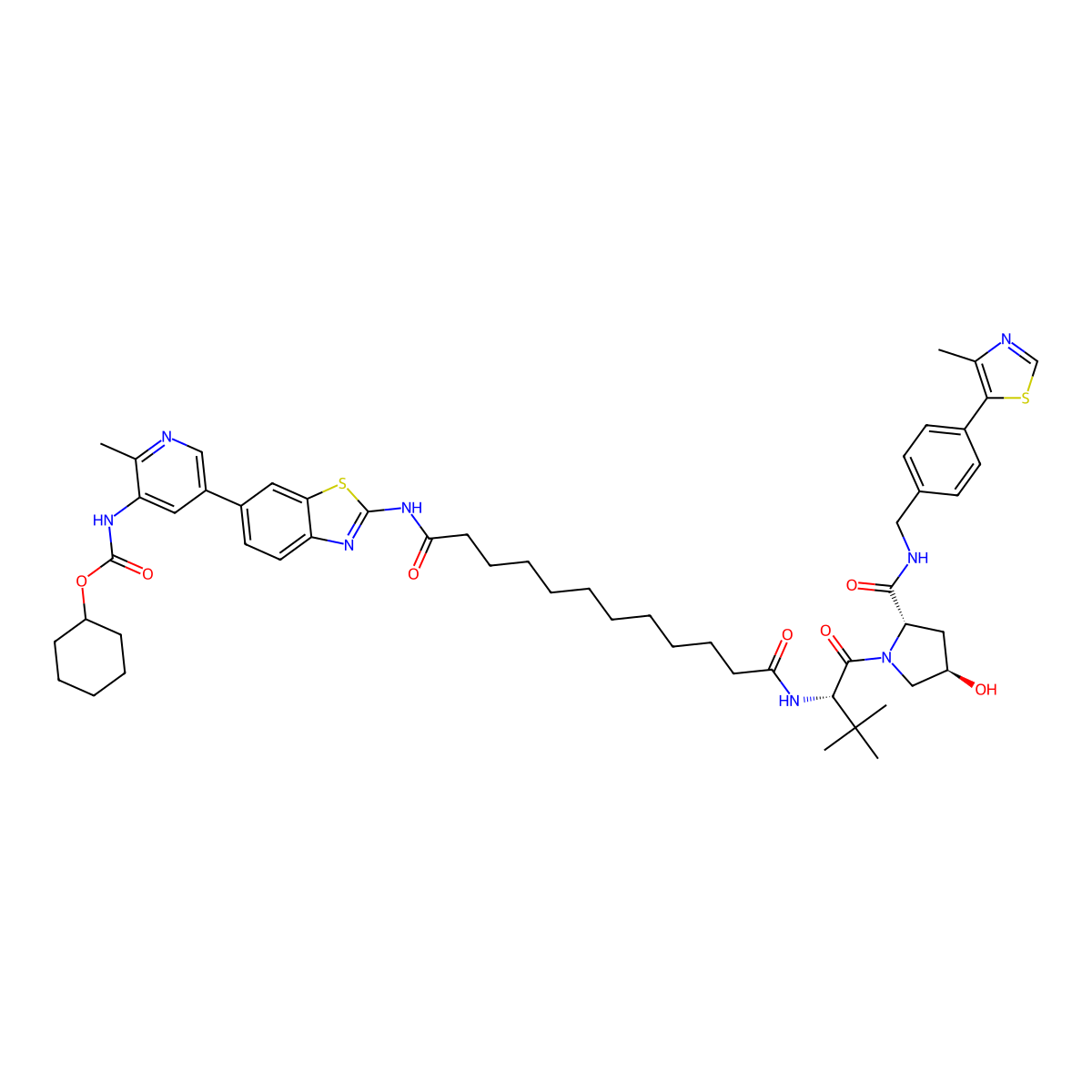 cyclohexyl N-[5-[2-[[12-[[(2S)-1-[(2S,4R)-4-hydroxy-2-[[4-(4-methyl-1,3-thiazol-5-yl)phenyl]methylcarbamoyl]pyrrolidin-1-yl]-3,3-dimethyl-1-oxobutan-2-yl]amino]-12-oxododecanoyl]amino]-1,3-benzothiazol-6-yl]-2-methyl-3-pyridinyl]carbamate molecular structure, CAS 3070346-91-4