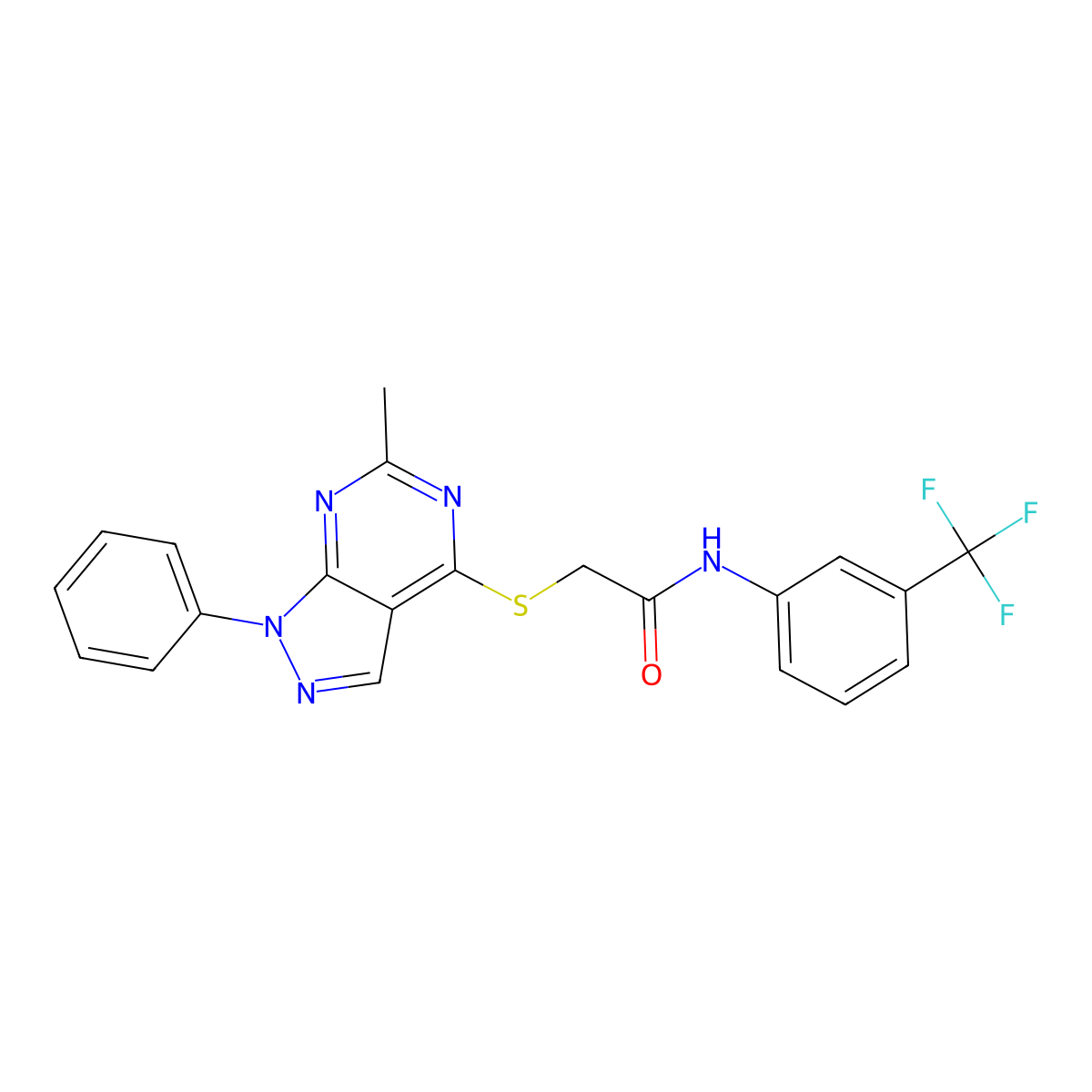 2-({6-methyl-1-phenyl-1H-pyrazolo[3,4-d]pyrimidin-4-yl}sulfanyl)-N-[3-(trifluoromethyl)phenyl]acetamide molecular structure, CAS 307324-58-9