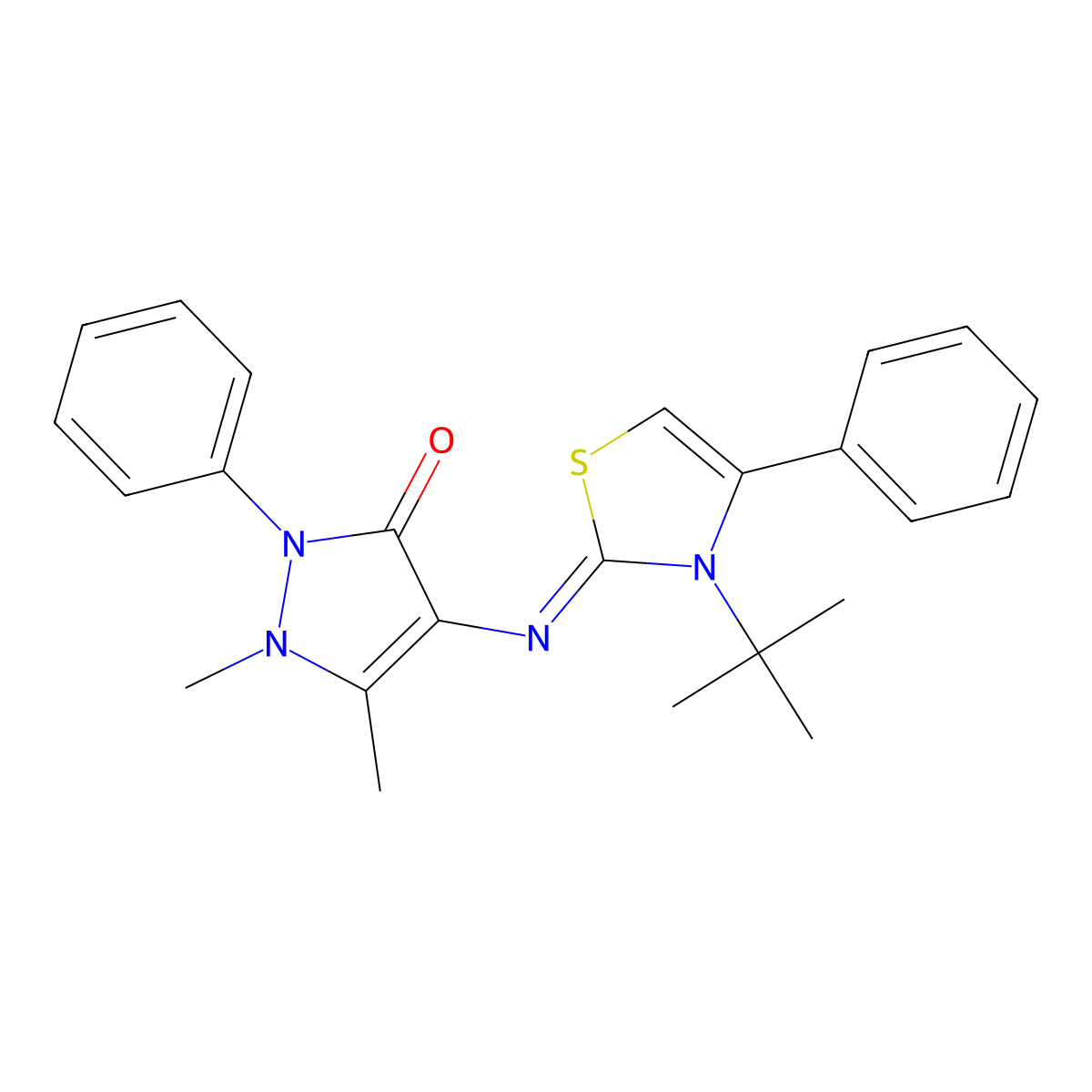 4-[(3-tert-butyl-4-phenyl-1,3-thiazol-2(3H)-ylidene)amino]-1,5-dimethyl-2-phenyl-1,2-dihydro-3H-pyrazol-3-one molecular structure, CAS 307325-31-1